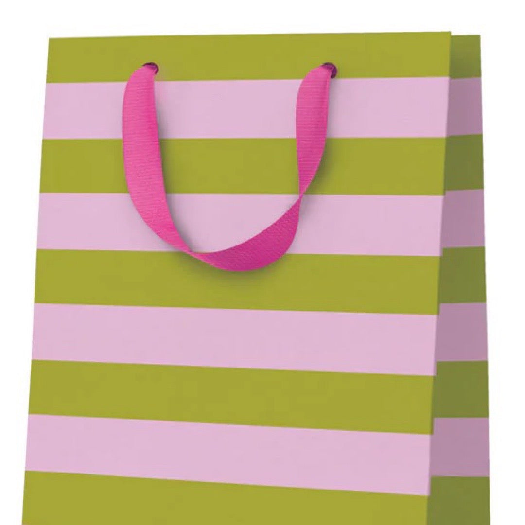 Green and pink striped paper bag with pink handles on a white background.