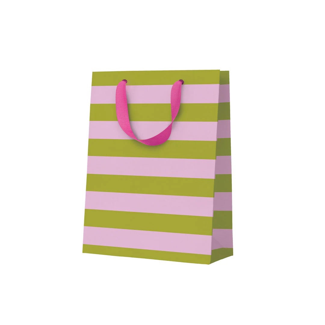 Green and pink striped paper bag with pink handles on a white background.