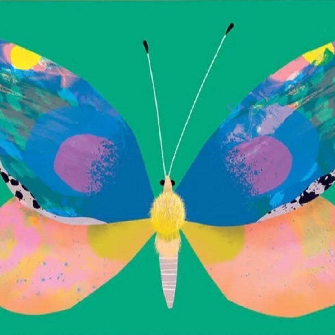 Art card featuring a gorgeous illustration of a blue and pink butterfly on a green background. 