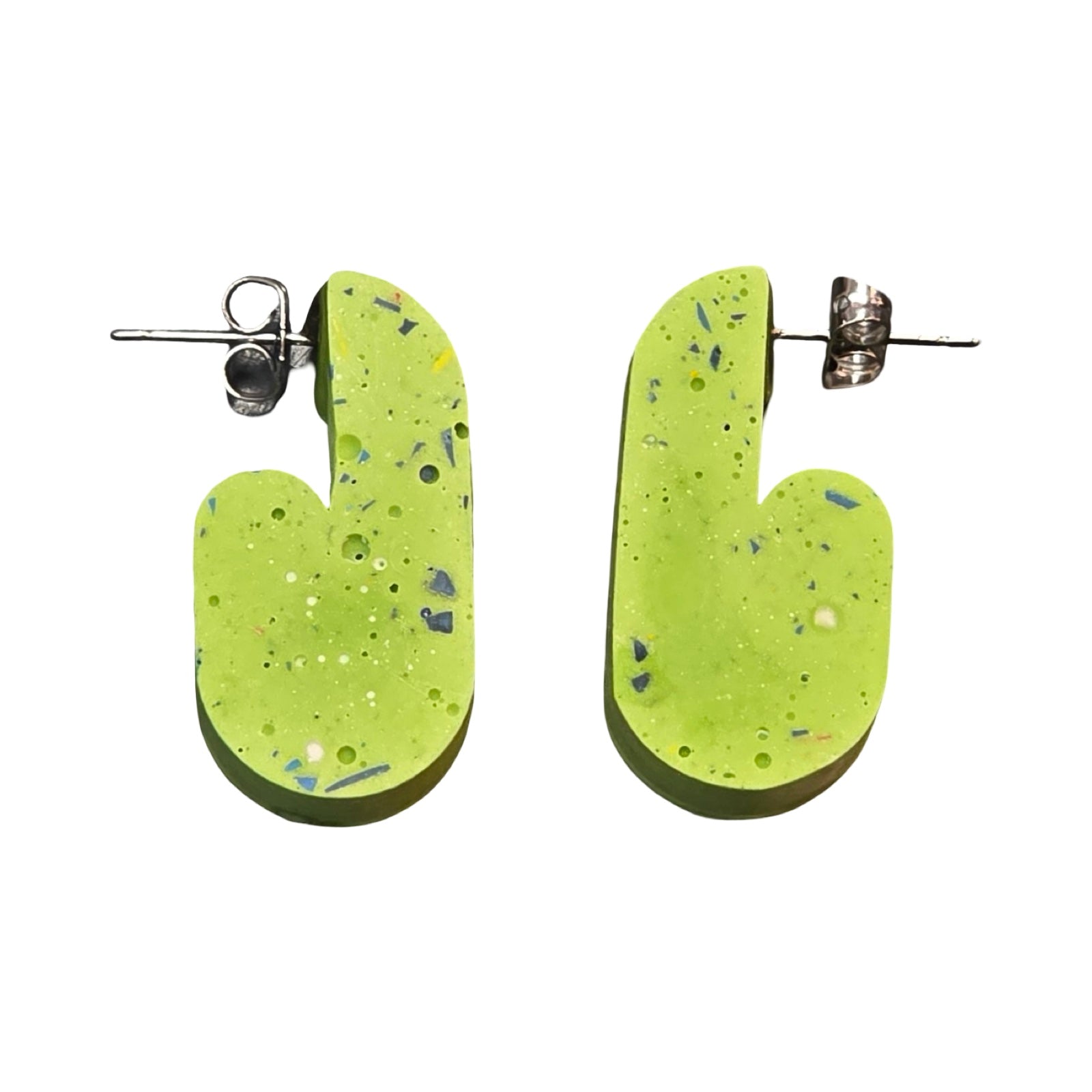 Green chunky curved hoop earrings with dark green stripes.