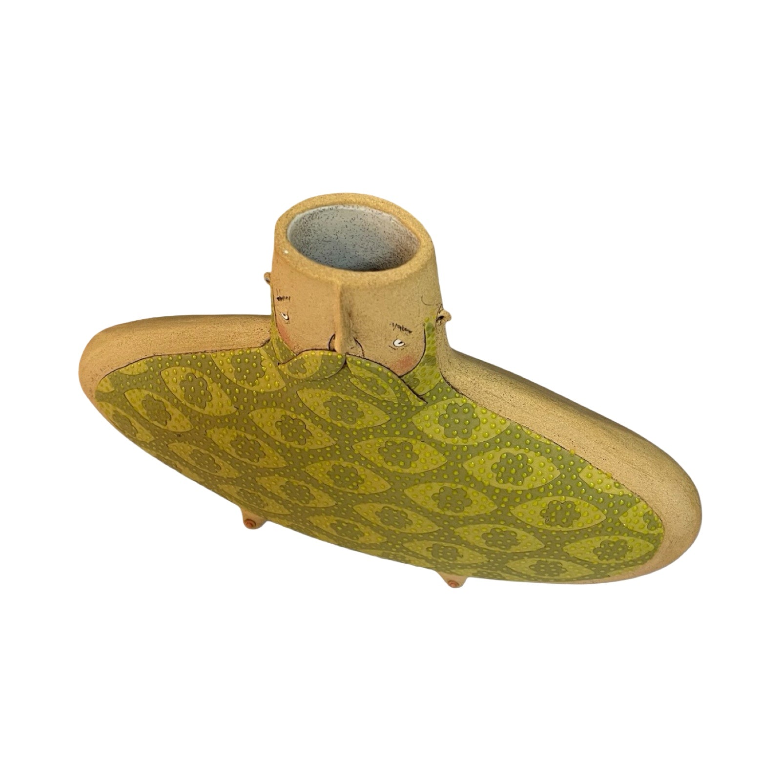 Moustache-faced oval vase with moobs is handmade, green eye florals.