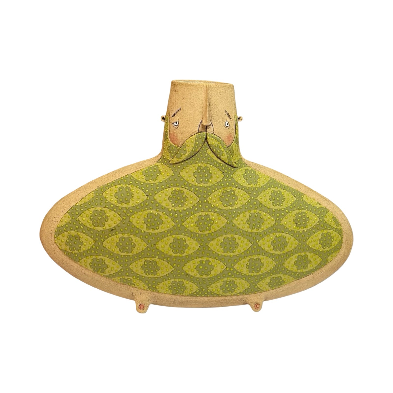 Moustache-faced oval vase with moobs is handmade, green eye florals.