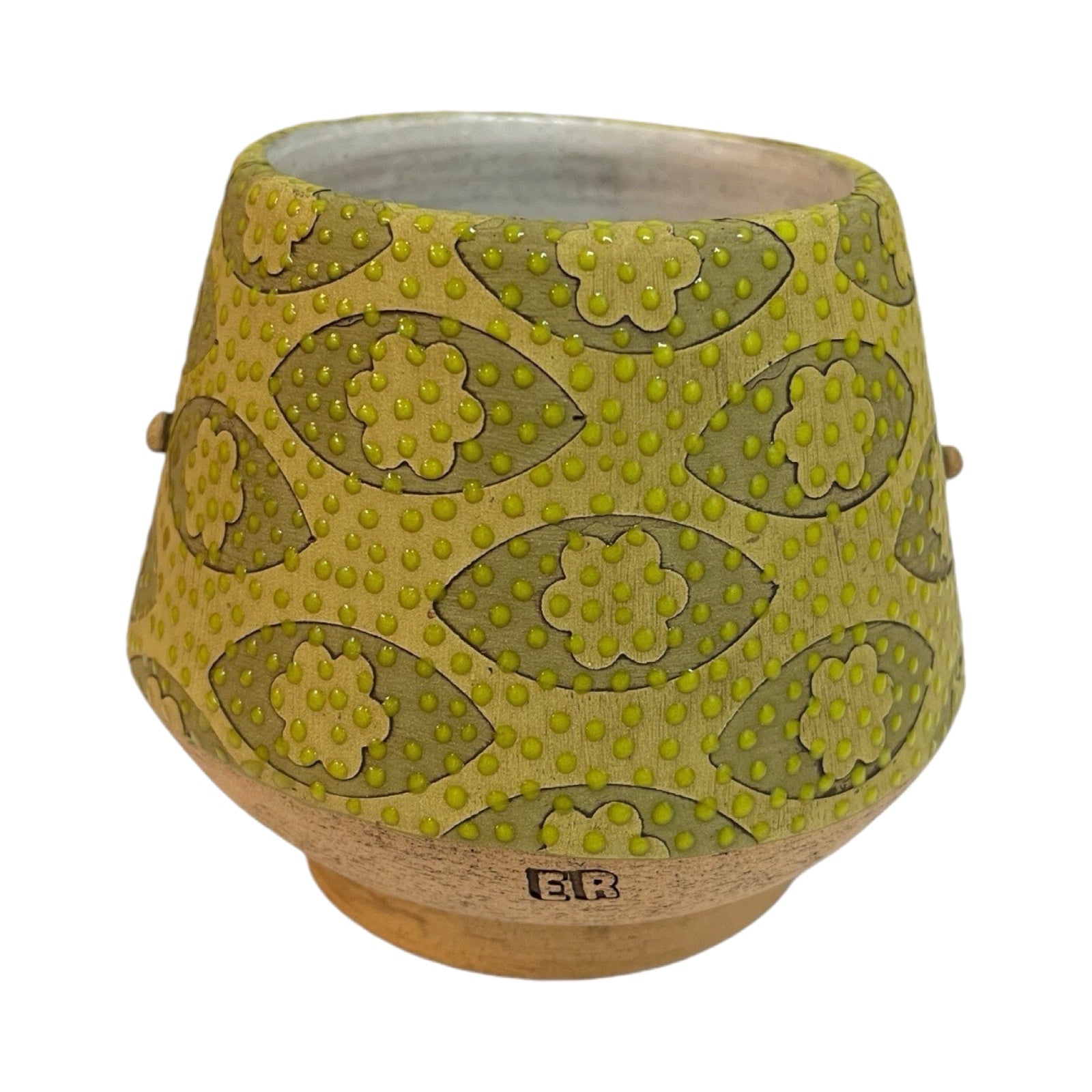 This beard-faced small plant pot is handmade and each one is truly unique, green floral eye planter back.