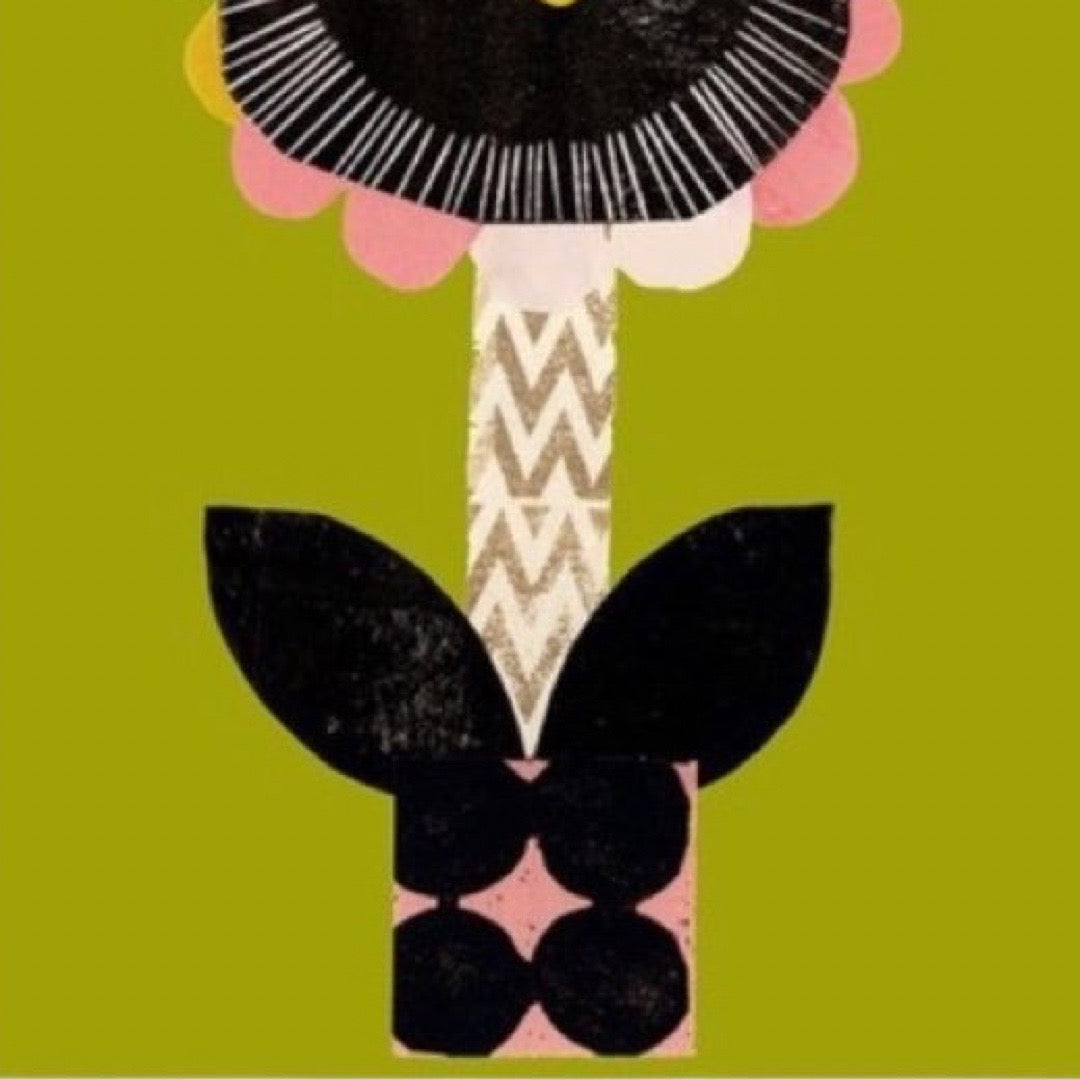Illustration of a stylised flower with black petals on a green background.