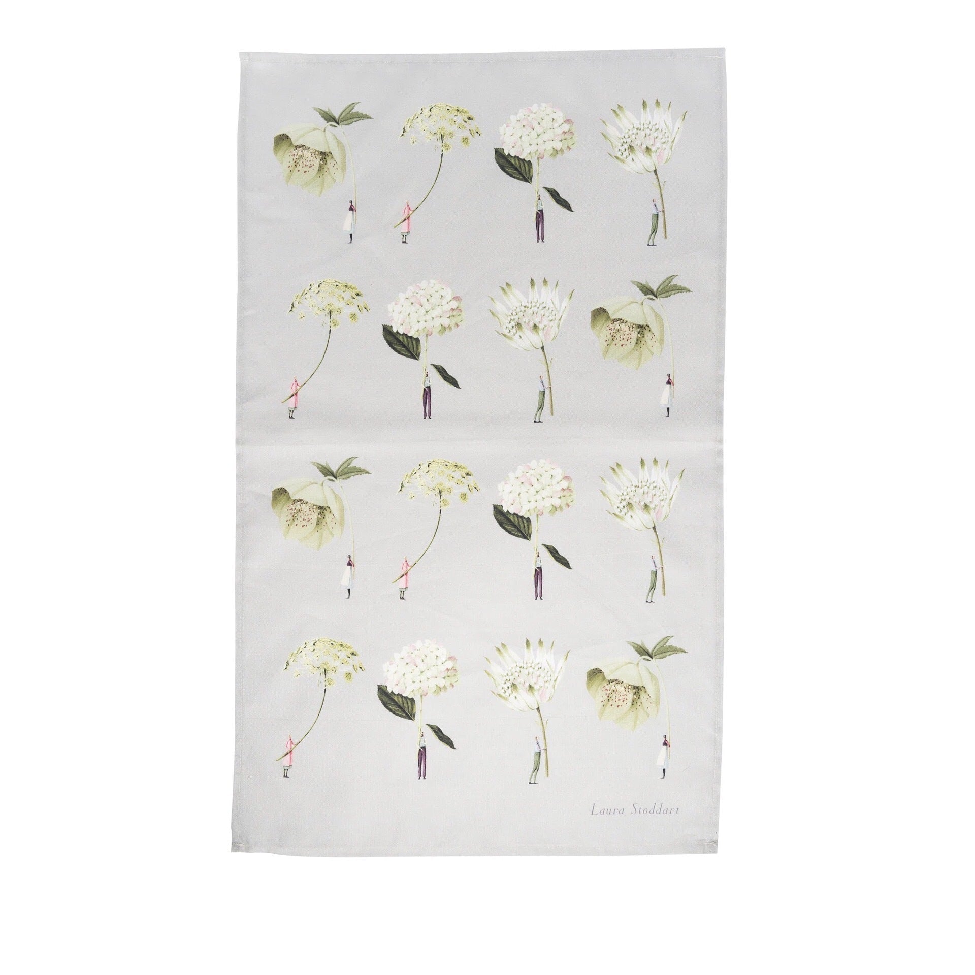 Tea towel featuring an illustration of giant hydrangea, hellebore, astrantia, and ammi flowers.