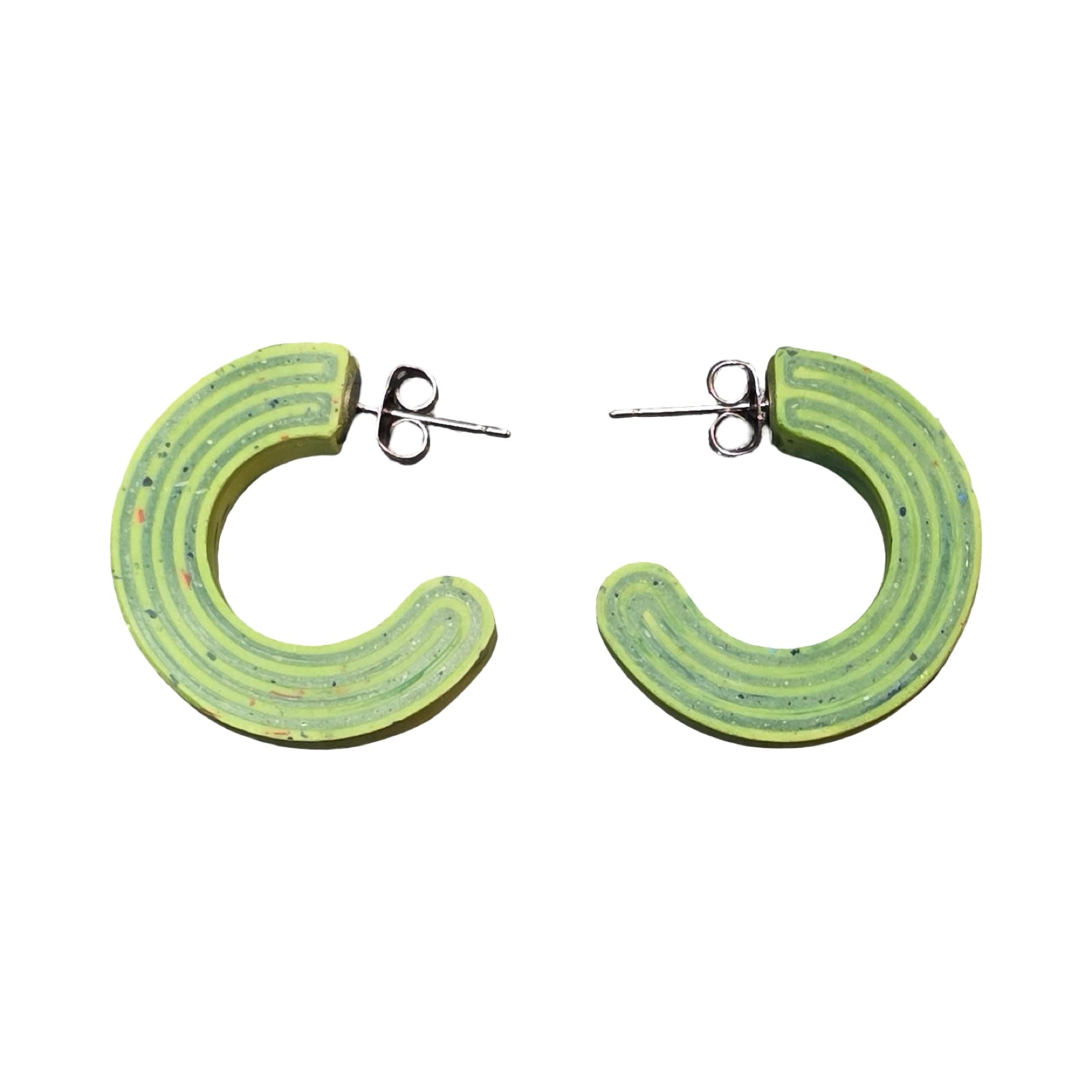 Green chunky hoop earrings with dark green stripes.