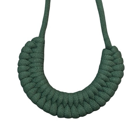 A hand-knotted style necklace made by hand from 100% recycled green cotton cord with a magnetic metal fastening.