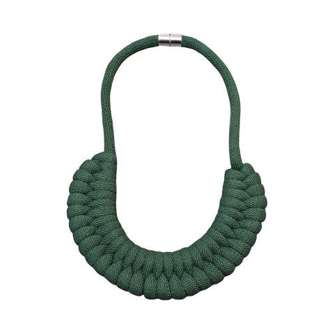 A hand-knotted style necklace made by hand from 100% recycled green cotton cord with a magnetic metal fastening.