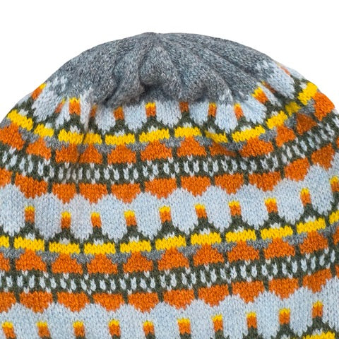 This green, orange, blue and yellow striped woollen hat is handmade using only the softest Scottish spun lambswool.