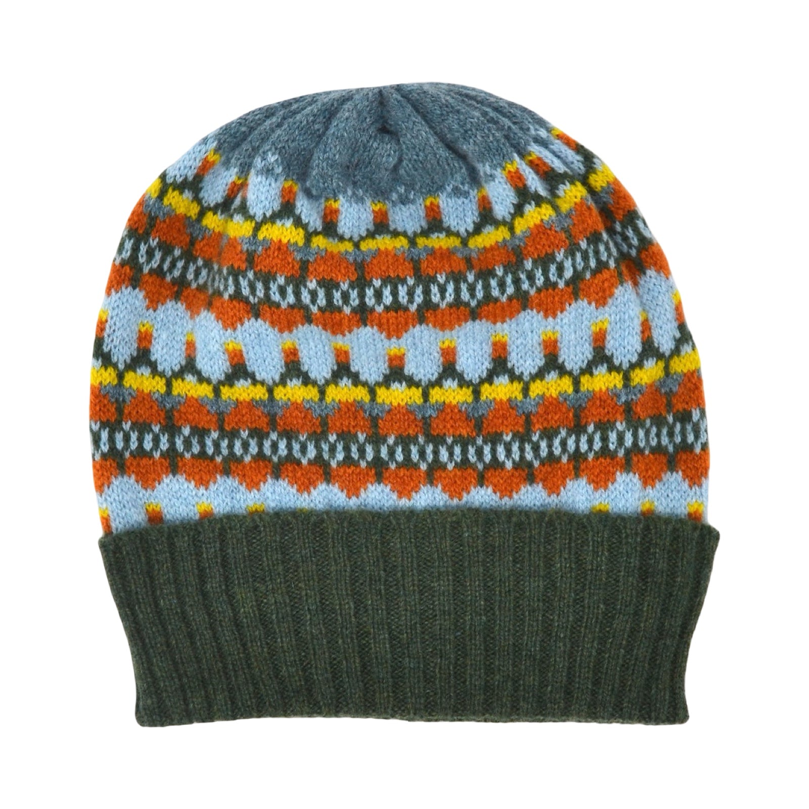 This green, orange, blue and yellow striped woollen hat is handmade using only the softest Scottish spun lambswool.