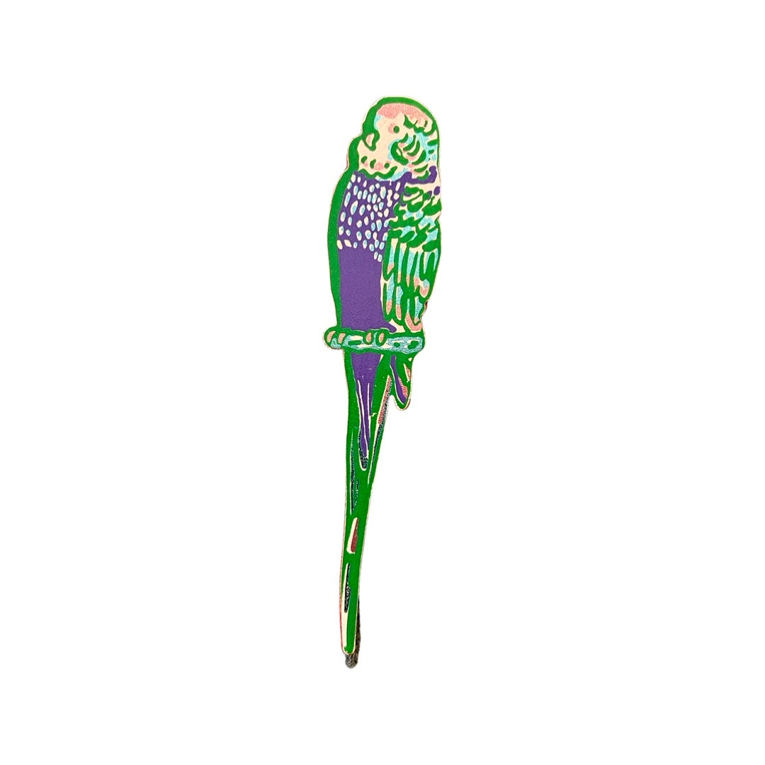 Leather budgie shaped bookmark in green and purple