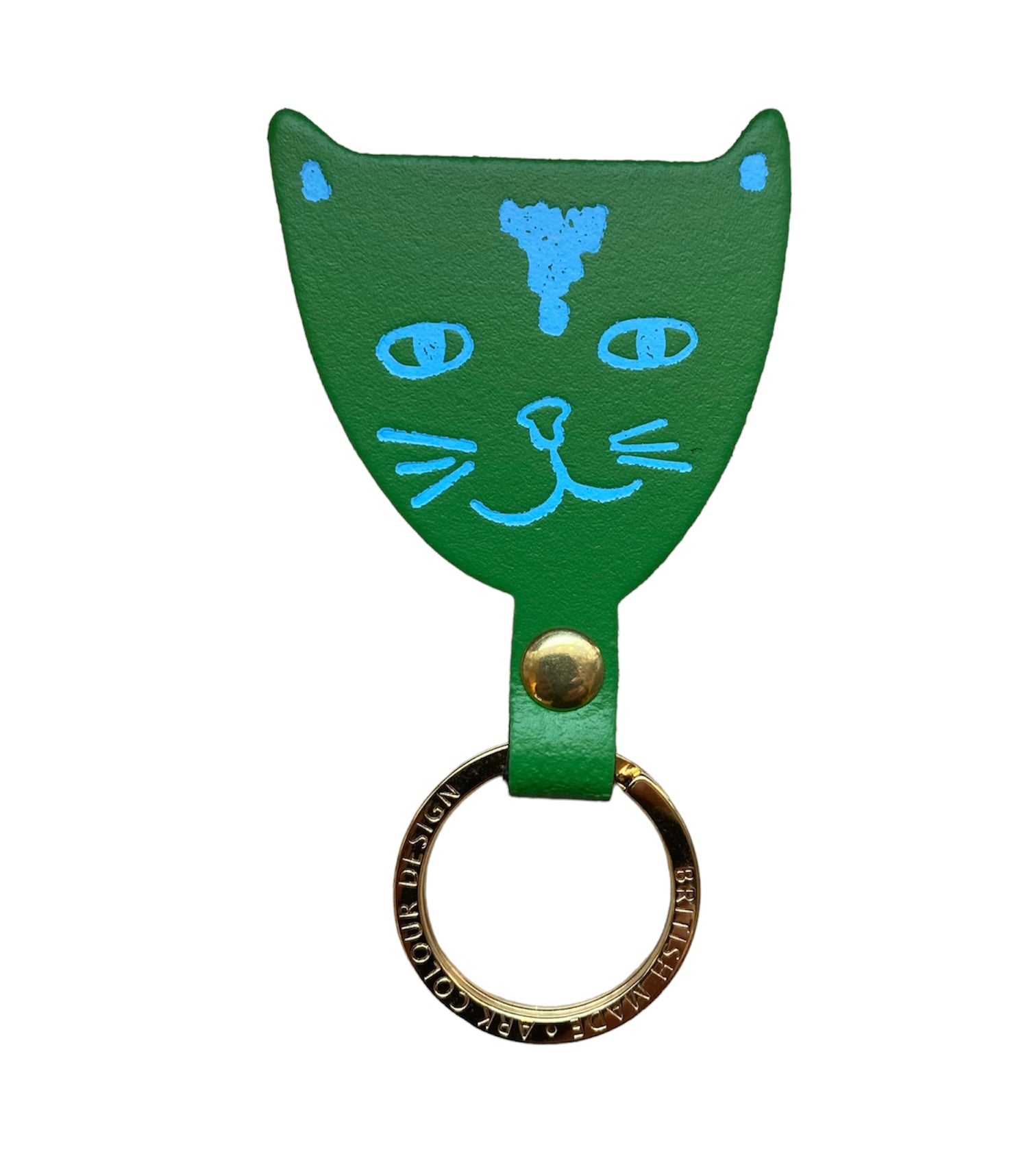 A green leather cat head-shaped keyring with turquoise facial details and a gold ring.