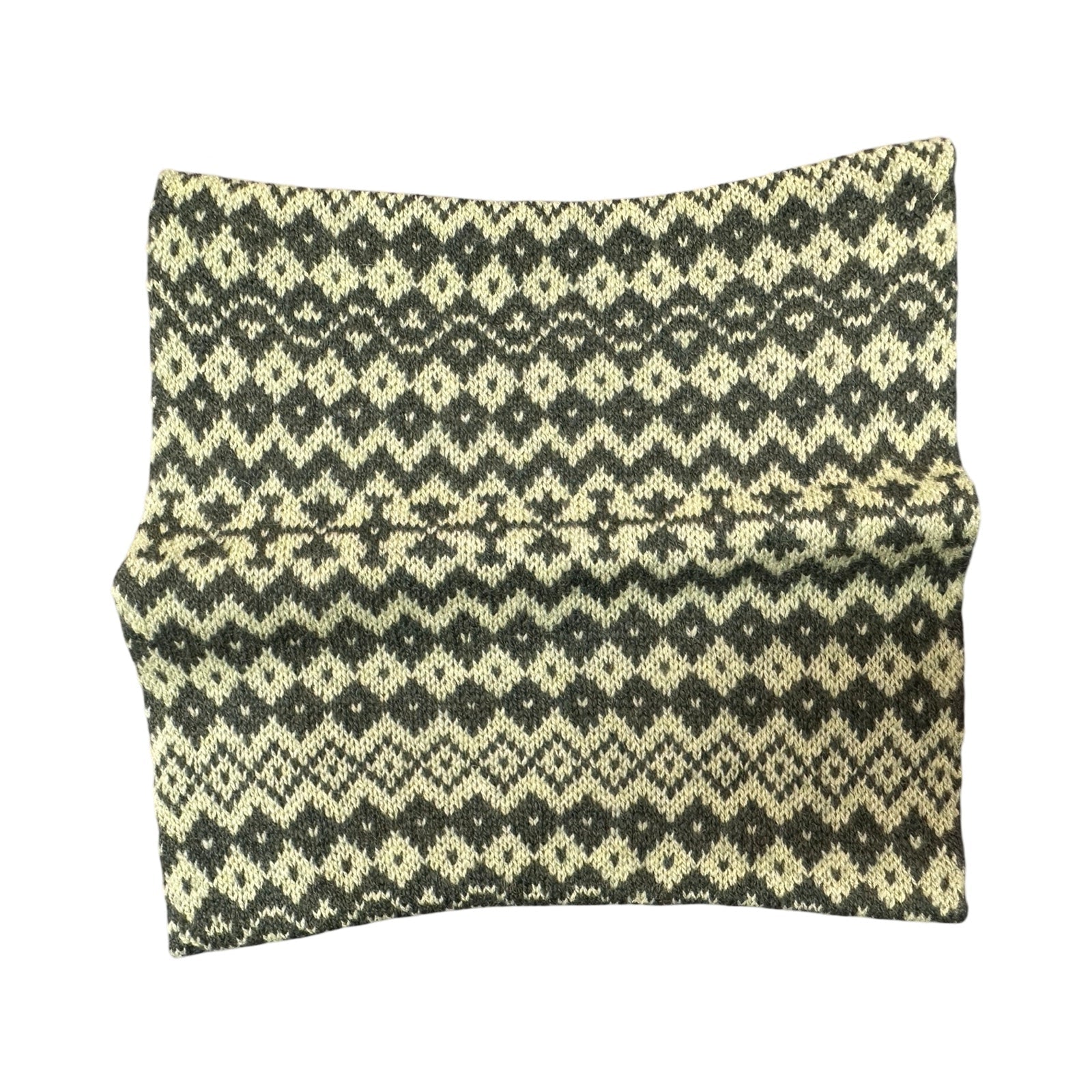 Super soft and cosy 100% lambswool knitted snood in a green geometric stripes design.