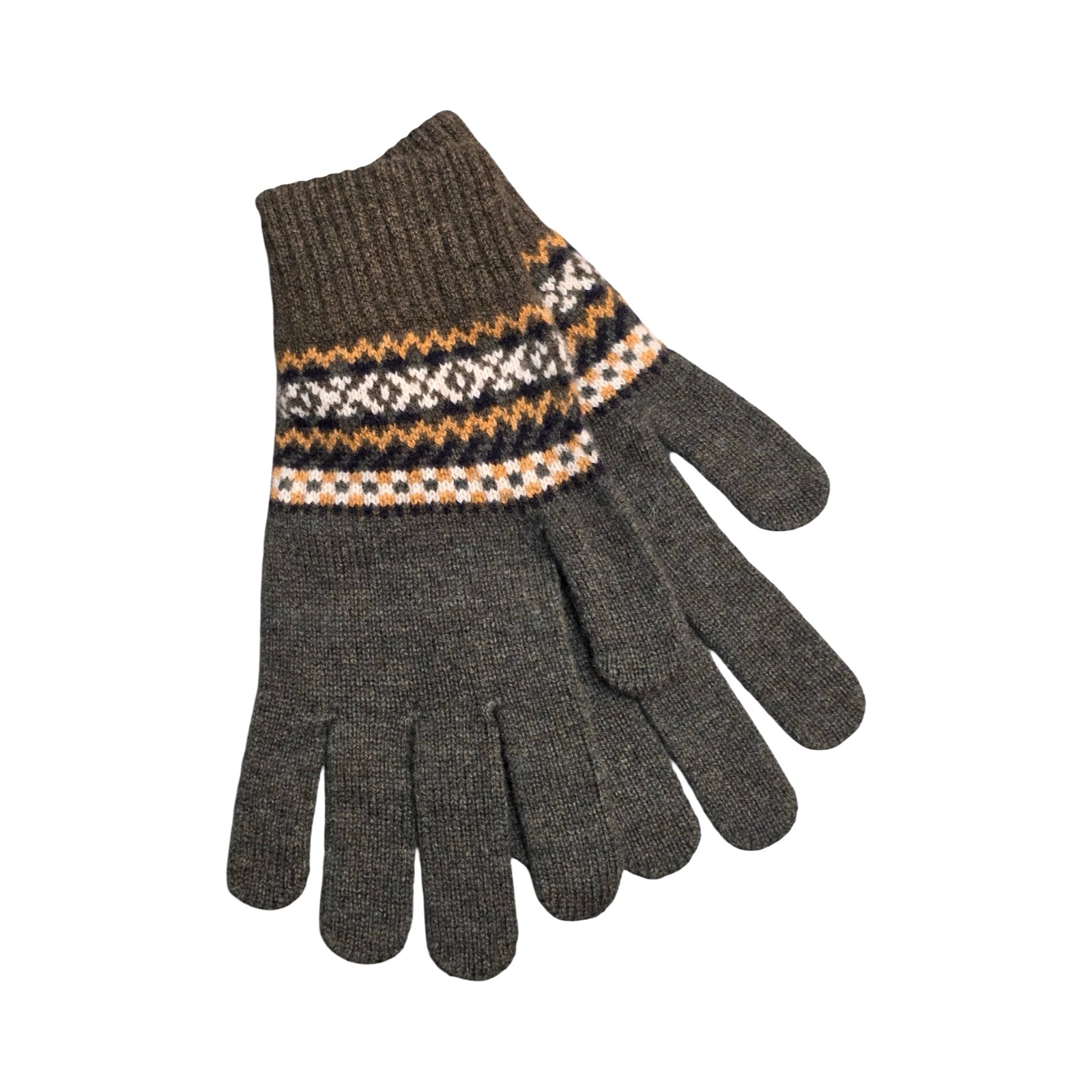 Pair of gray gloves with a patterned cuff on a white background.