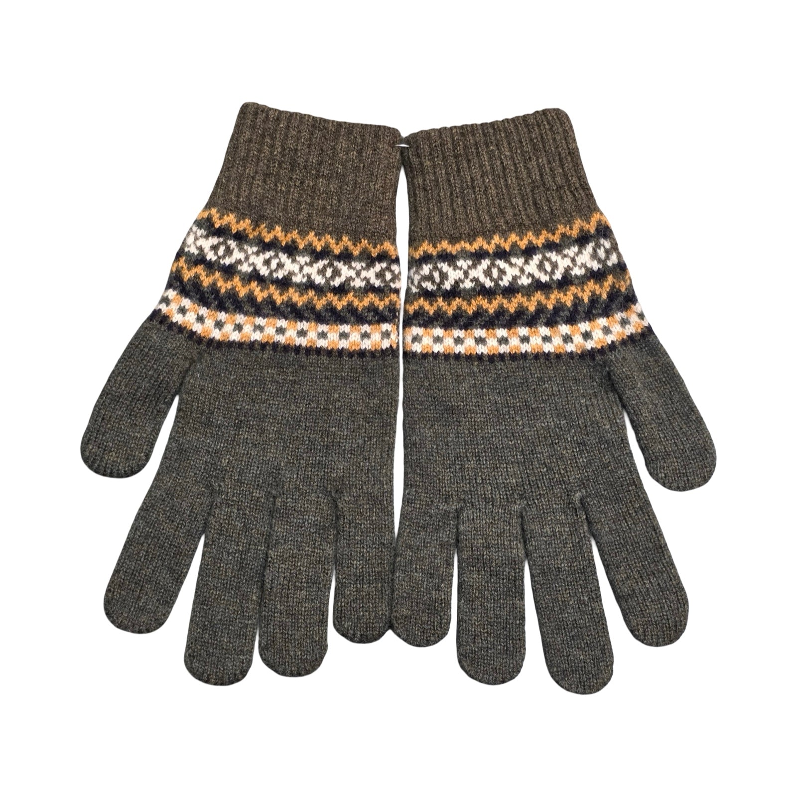 Pair of gray gloves with a patterned wrist on a white background.