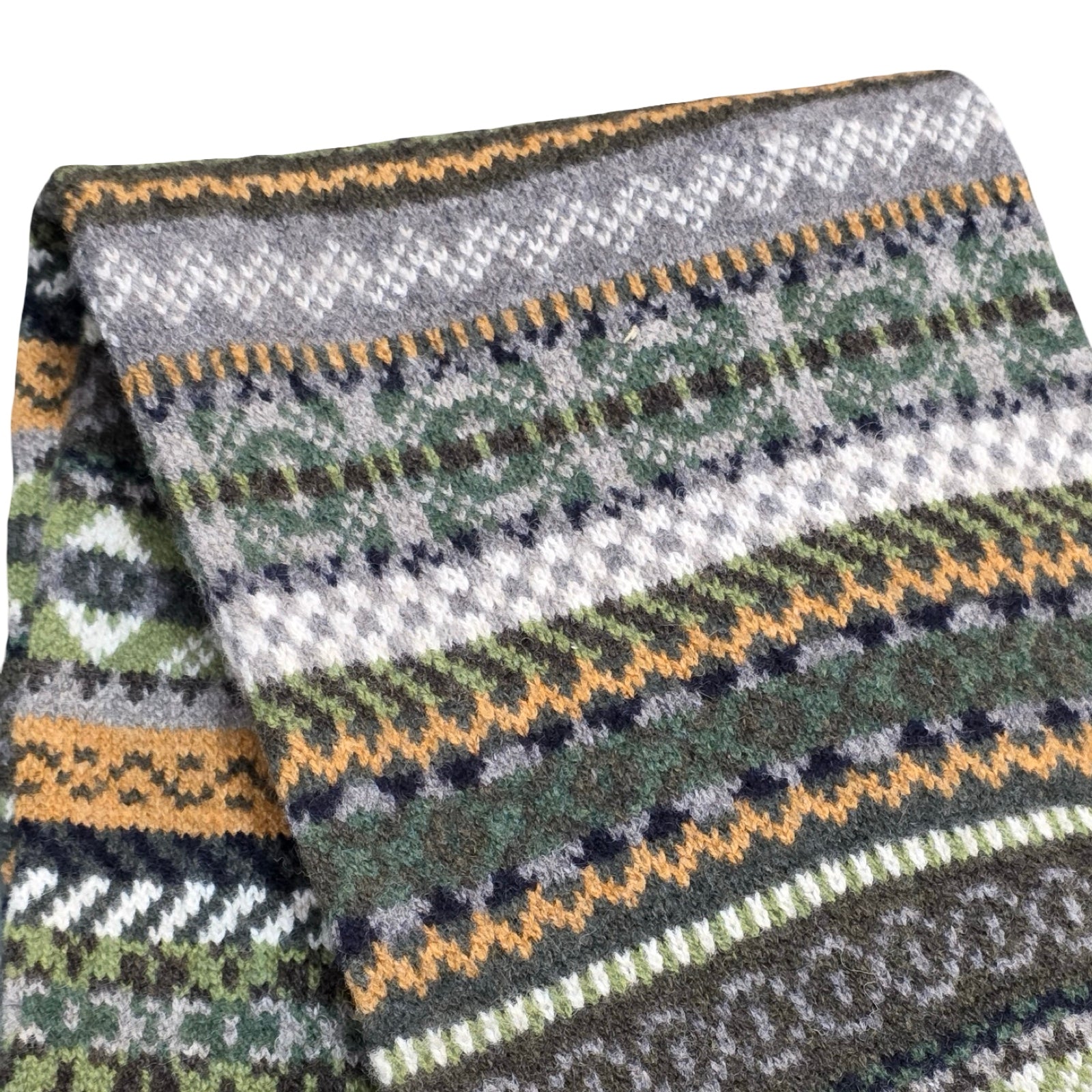Knitted blanket with a pattern of green, gray, and brown colors on a white background.