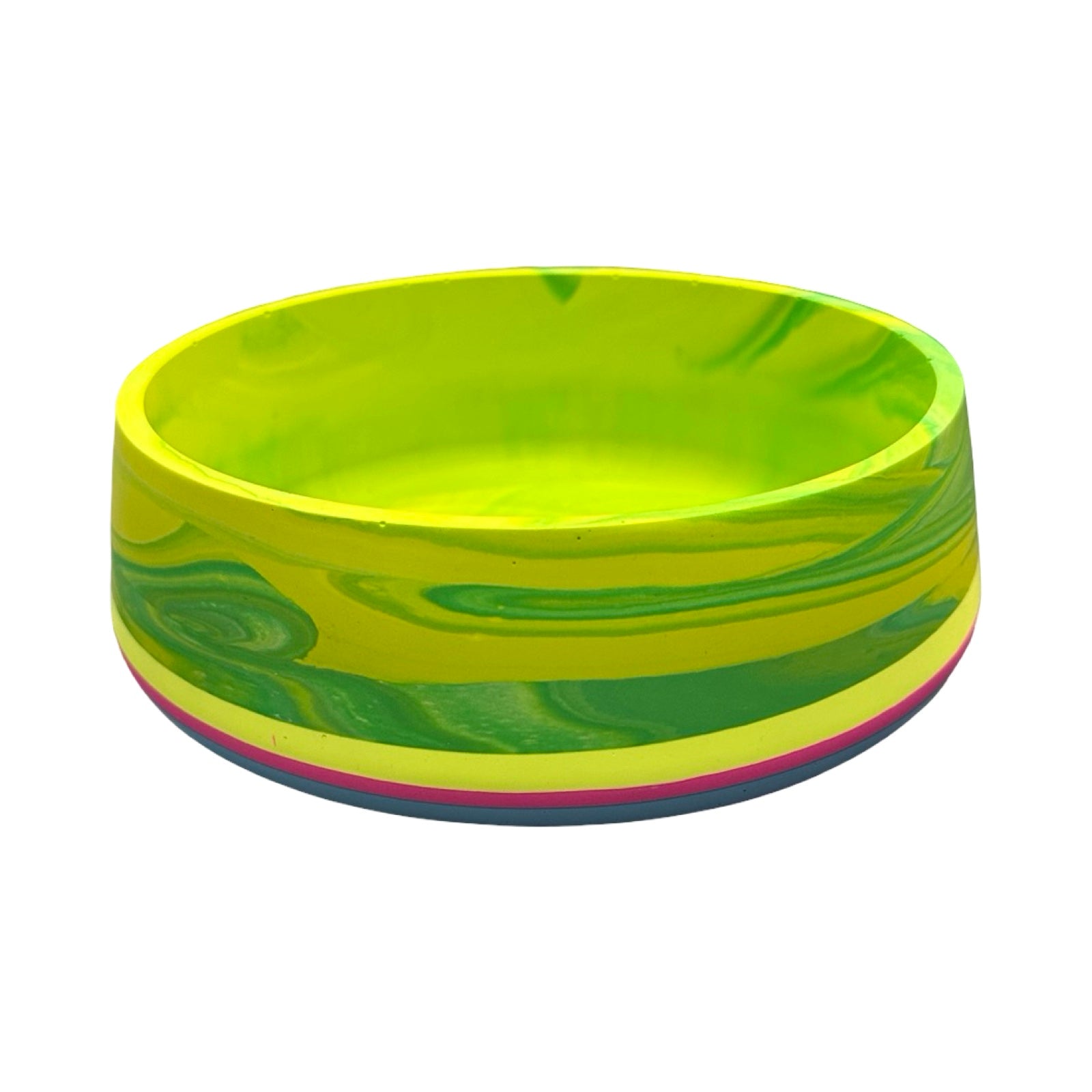 Green and yellow marbled bowl on a white background.