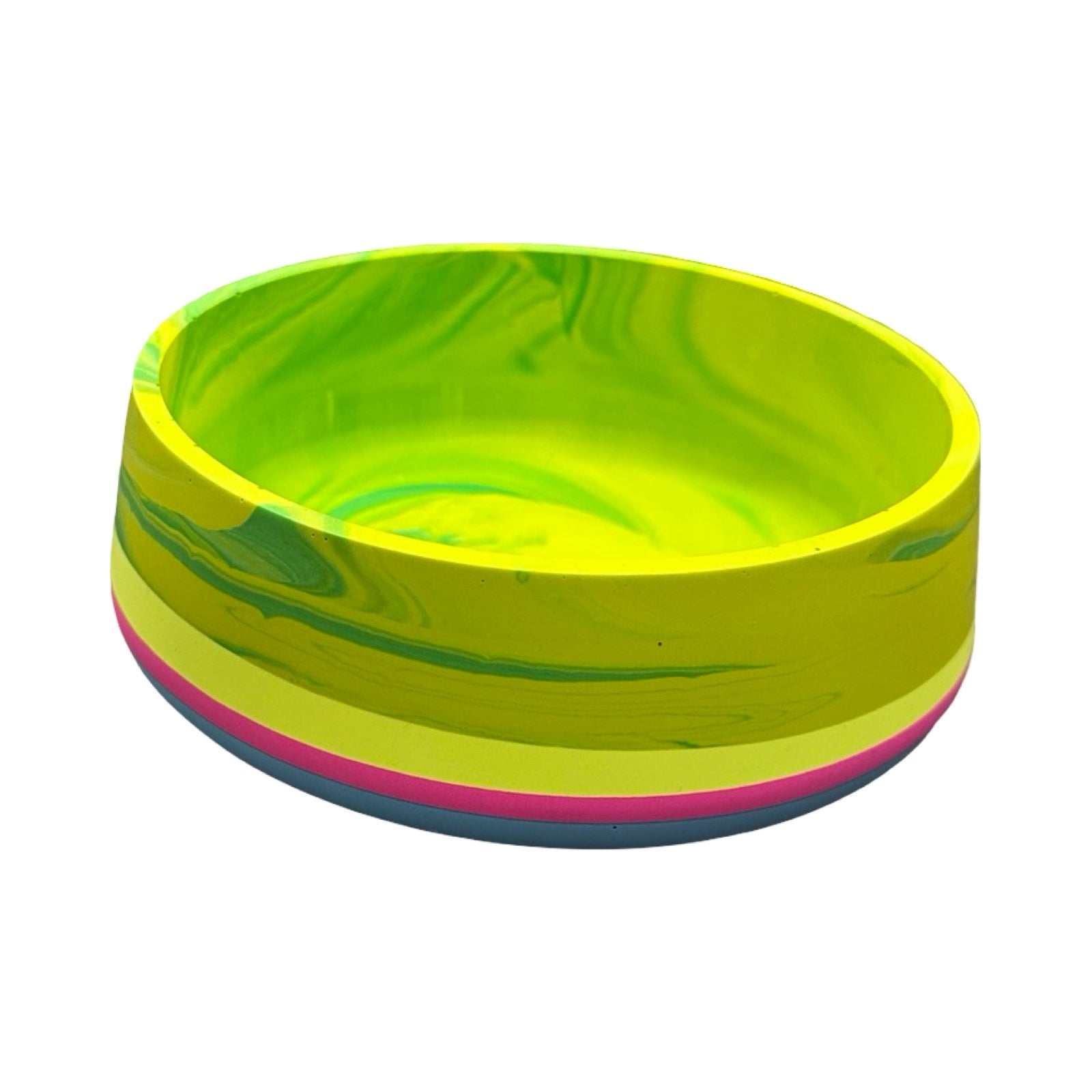 Yellow bowl with a pink rim on a white background.