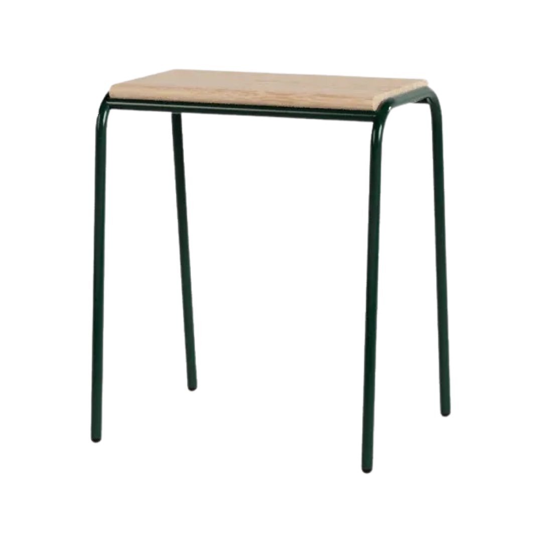 Green powder coated steel and solid oak stacking stool