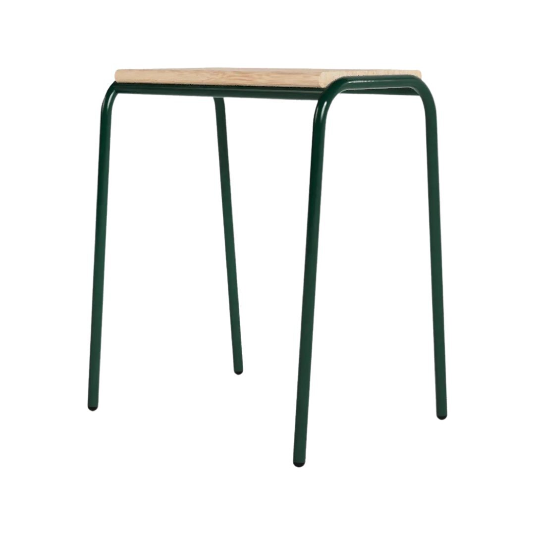 Green powder coated steel and solid oak stacking stool