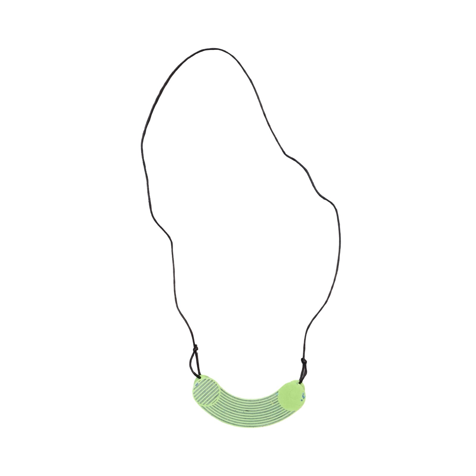 Green necklace with navy stripes in the shape of rigatoni.
