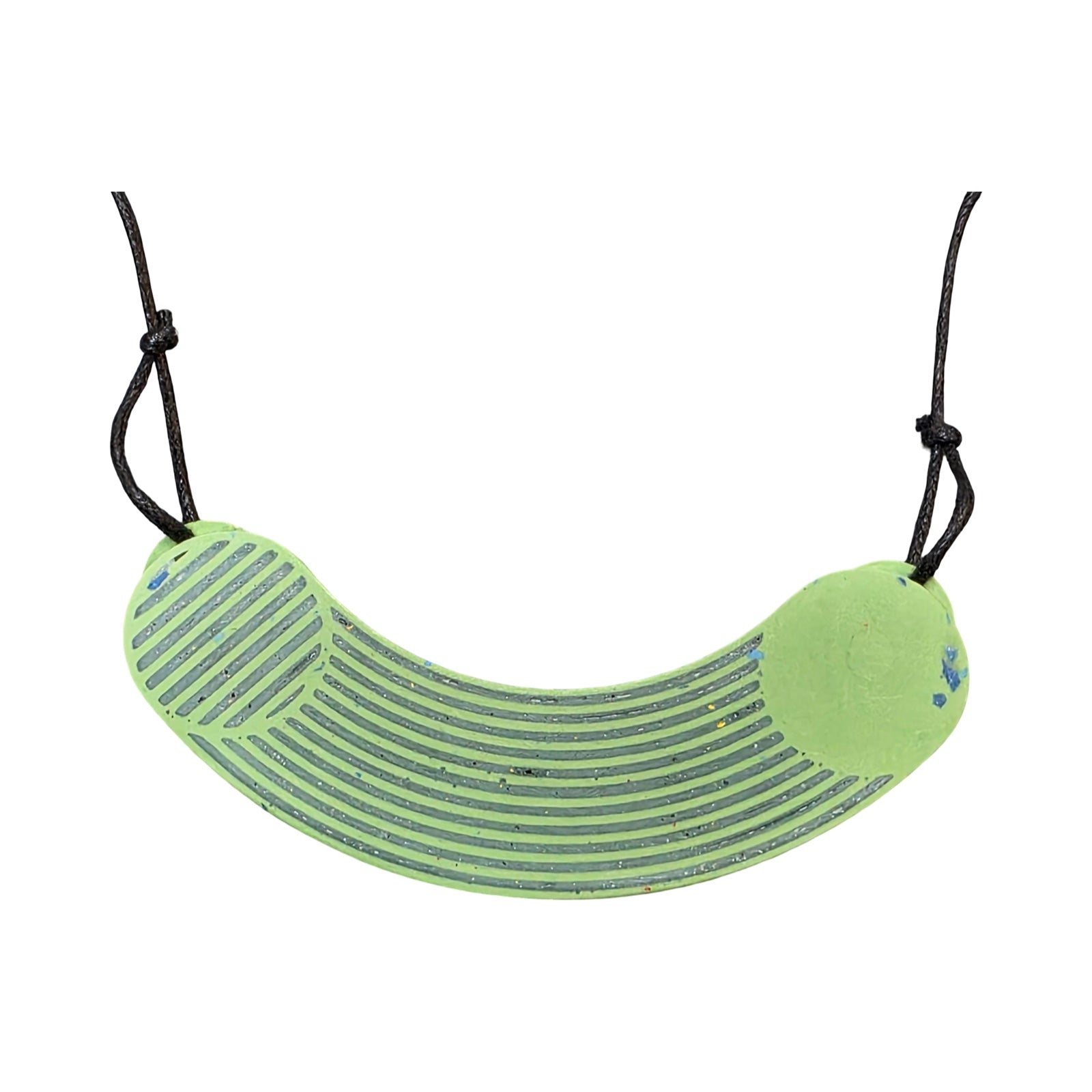 Green necklace with navy stripes in the shape of rigatoni.