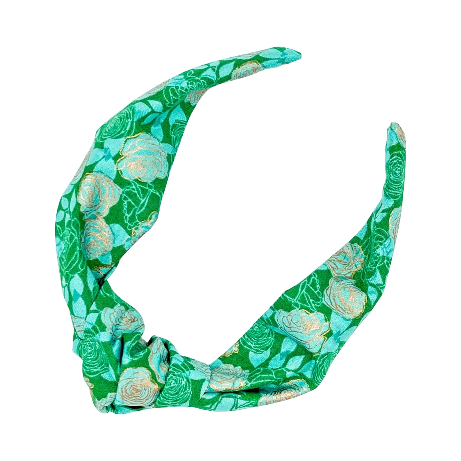 Green top knot Alice band with a rose pattern.