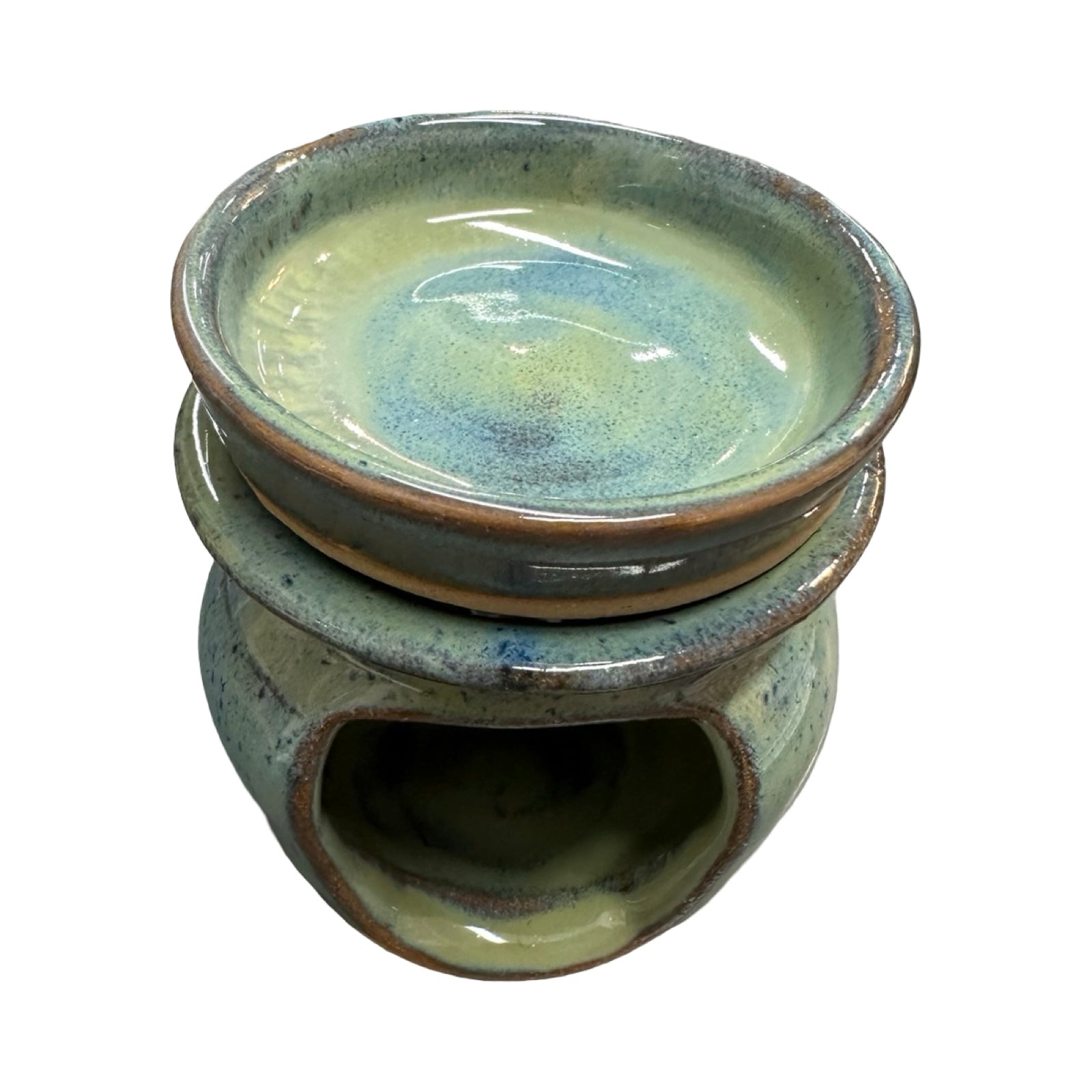Ceramic oil burner with a greenish-blue glaze on a white background.