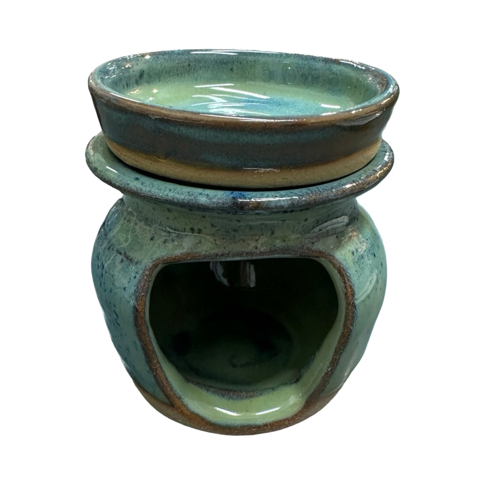 Ceramic oil burner with a bowl on a white background.