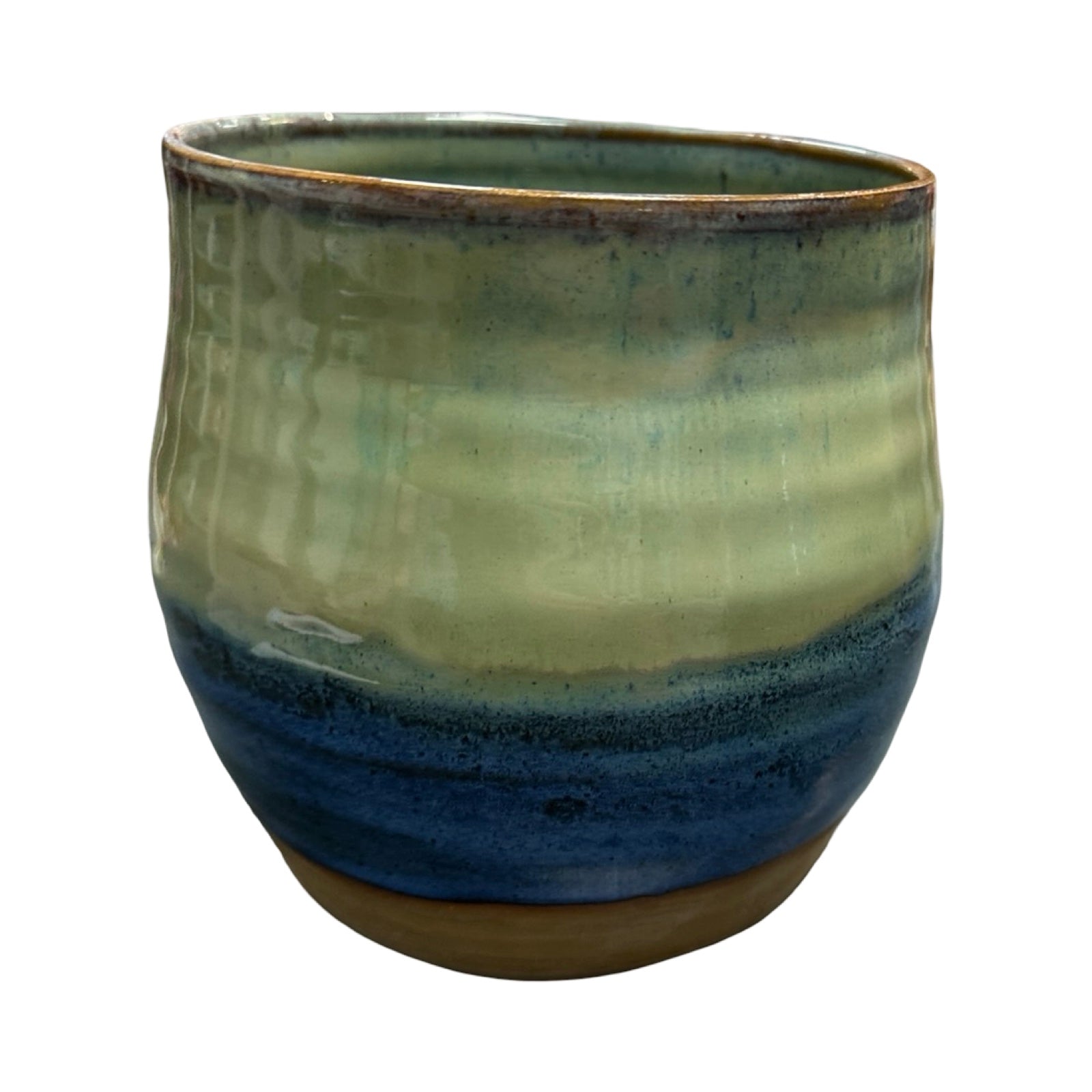 Ceramic plant pot with green and blue gradient on a white background.