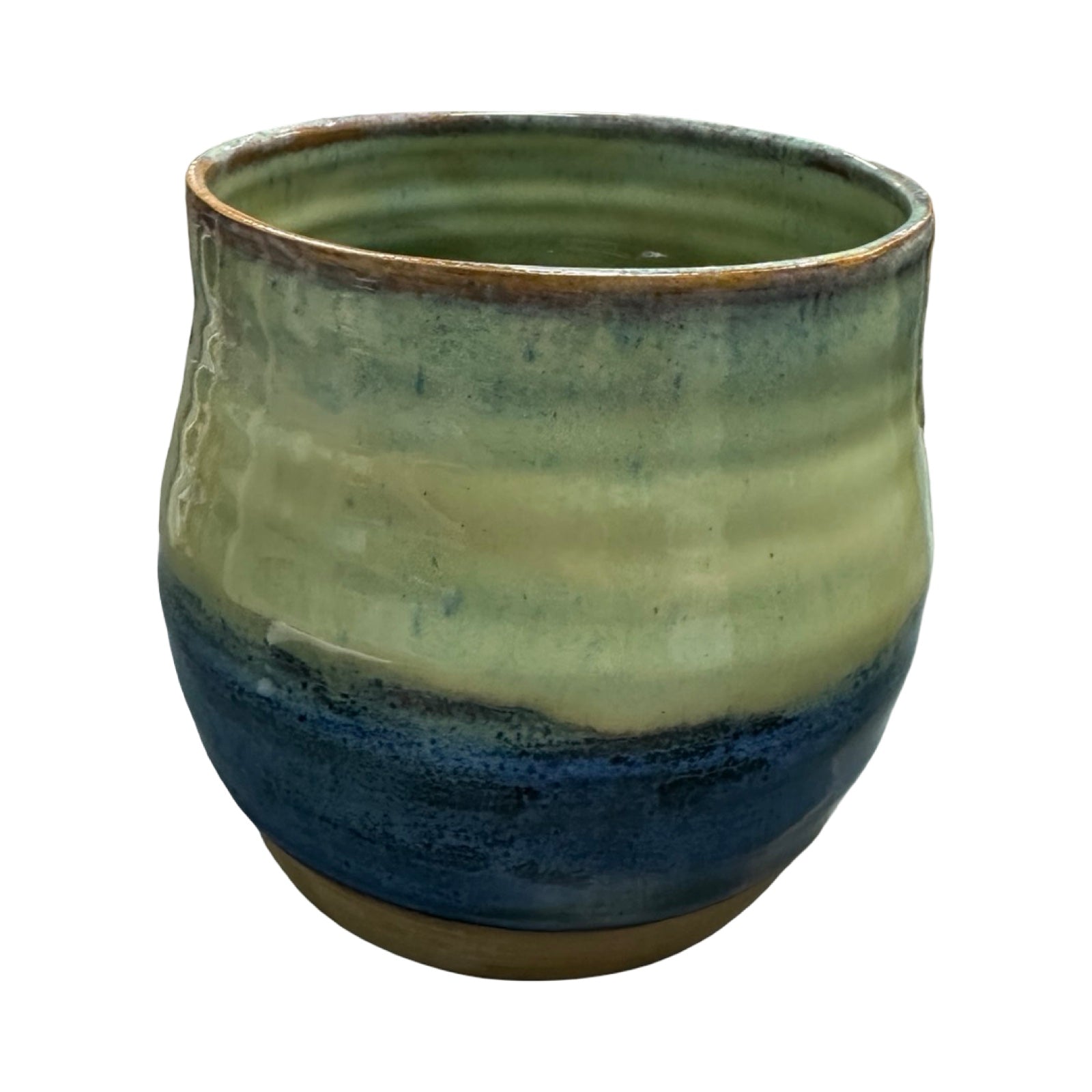 Ceramic plant pot with green and blue gradient on a white background.