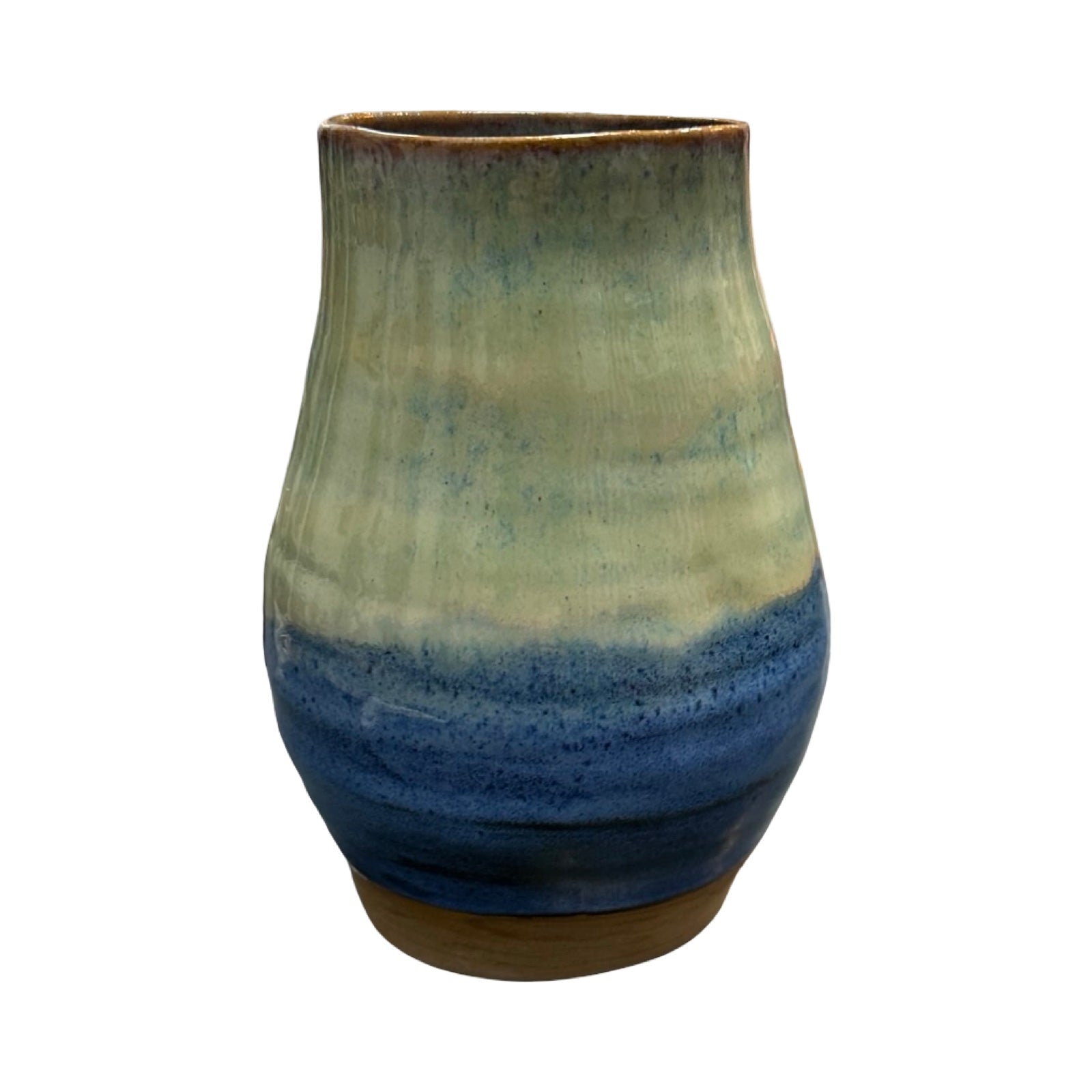 Ceramic vase with two-tone blue and green design on a white background.
