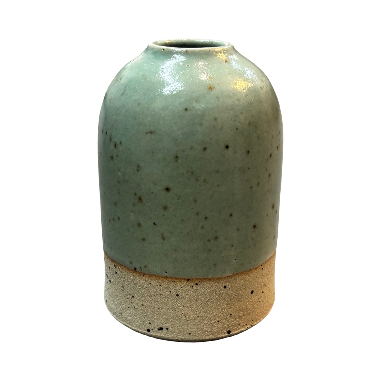 Green stoneware flower vase made from British clay with a green pastel glaze.