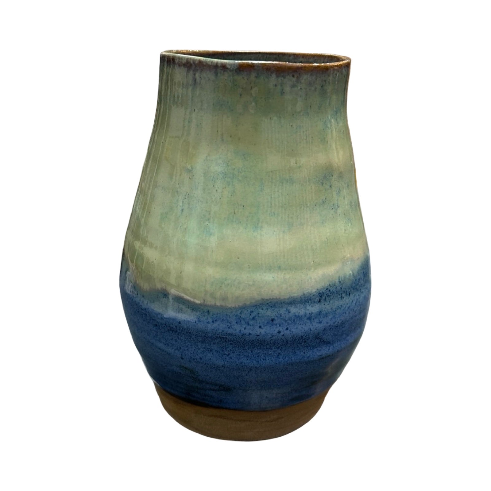 Ceramic vase with a two-tone blue green design on a white background.