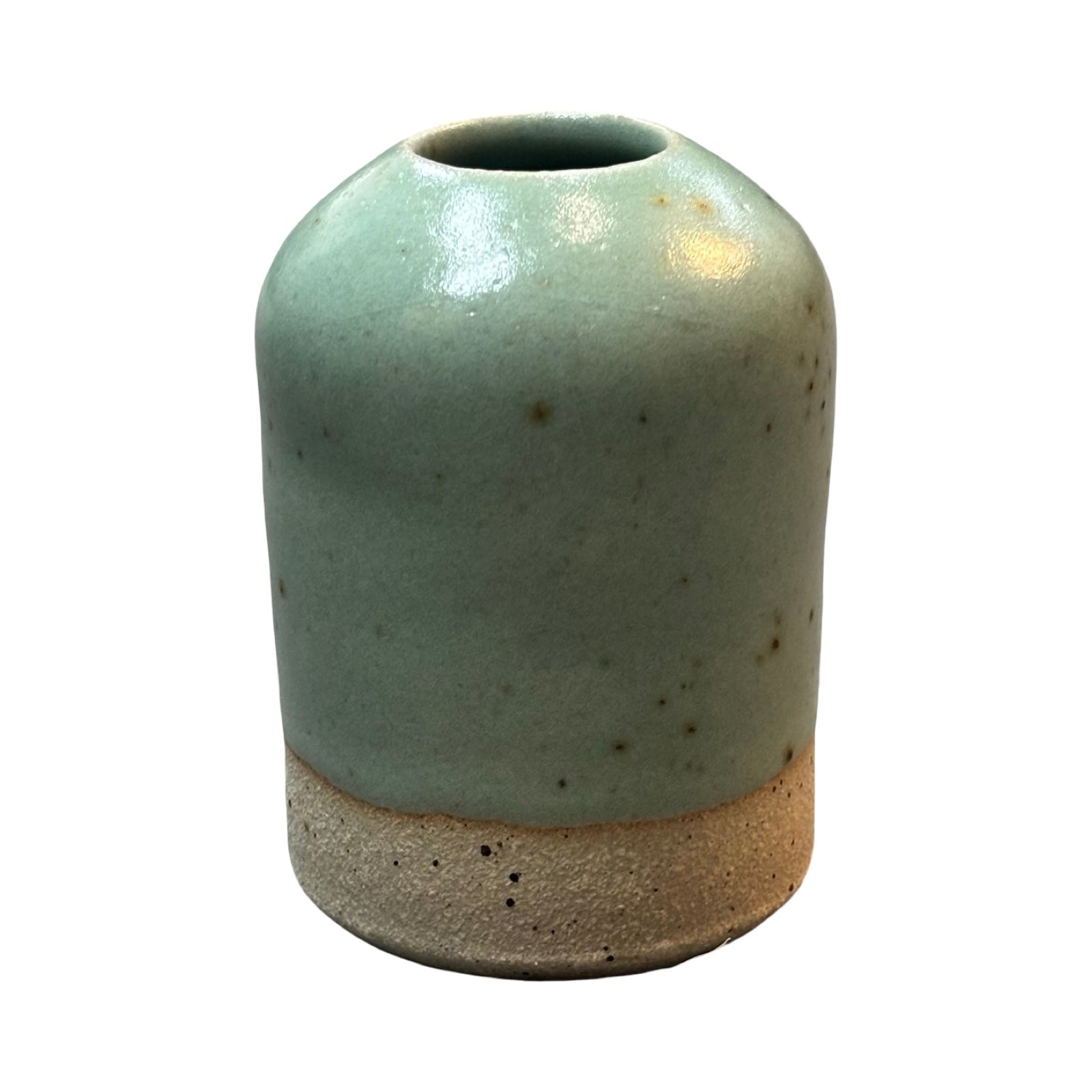 Green stoneware flower vase made from British clay with a green pastel glaze.