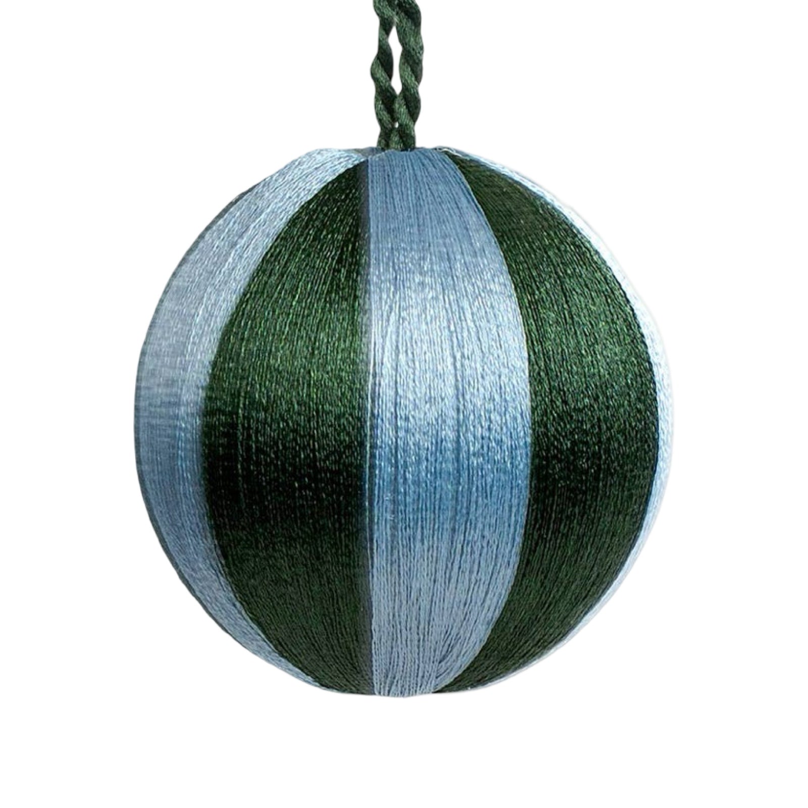 These gorgeous green and light blue striped baubles are thread-bound and come complete with a matching green hanging thread.