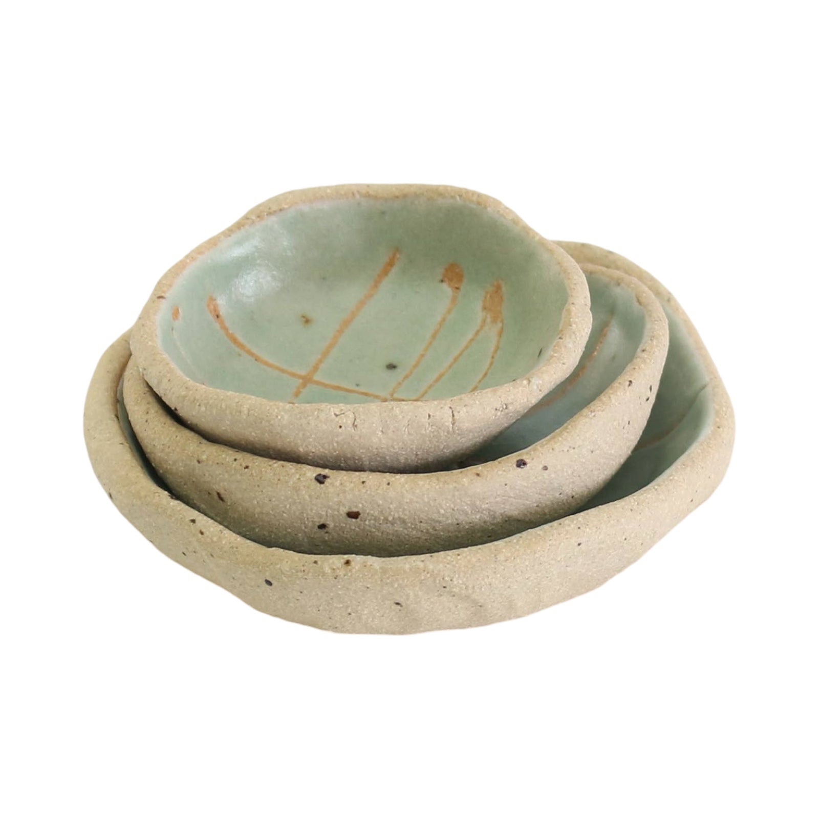 A pile of 3 green patterned ceramic wonky bowls