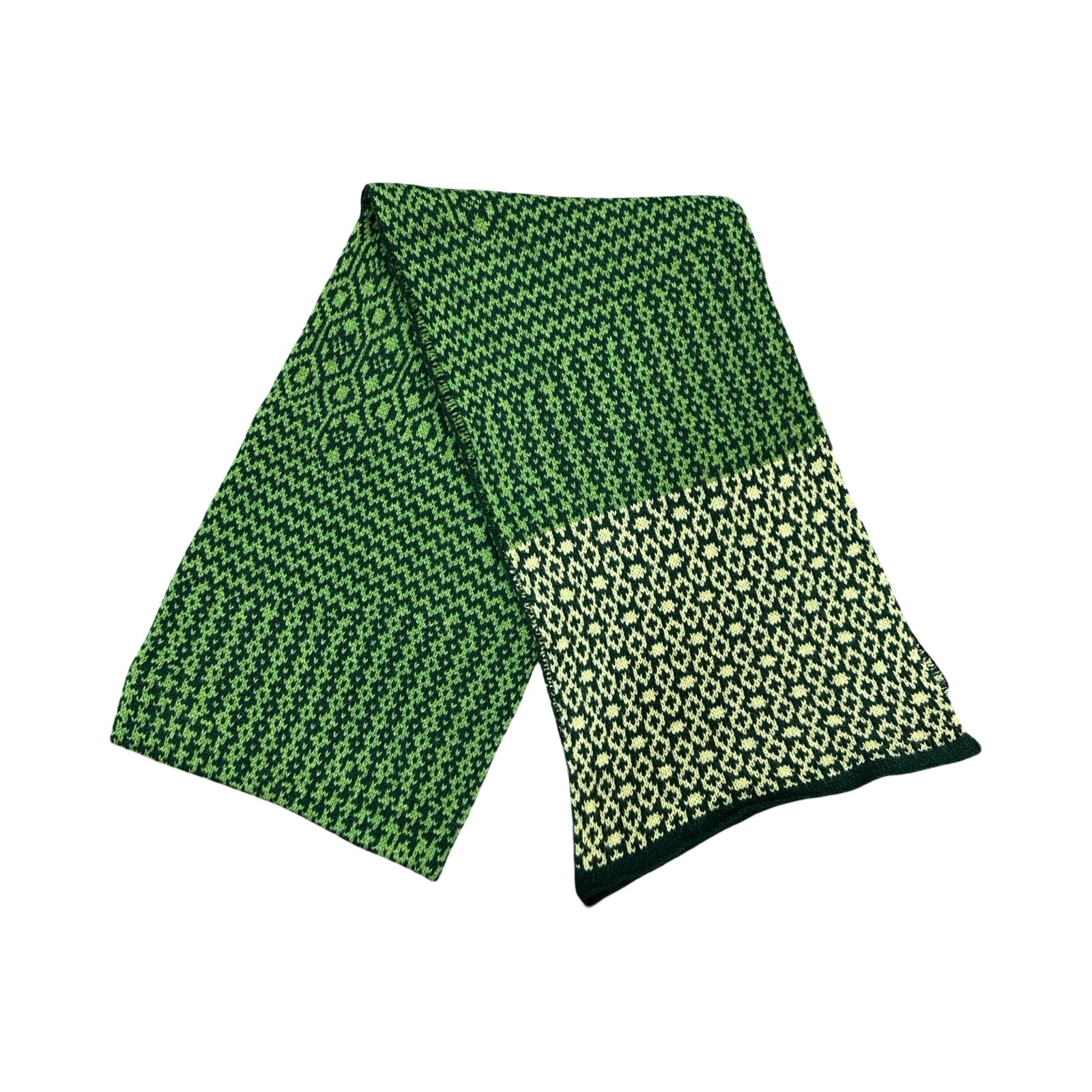 A cosy and soft 100% lambswool knitted scarf with a green, lime and black geometric design.
