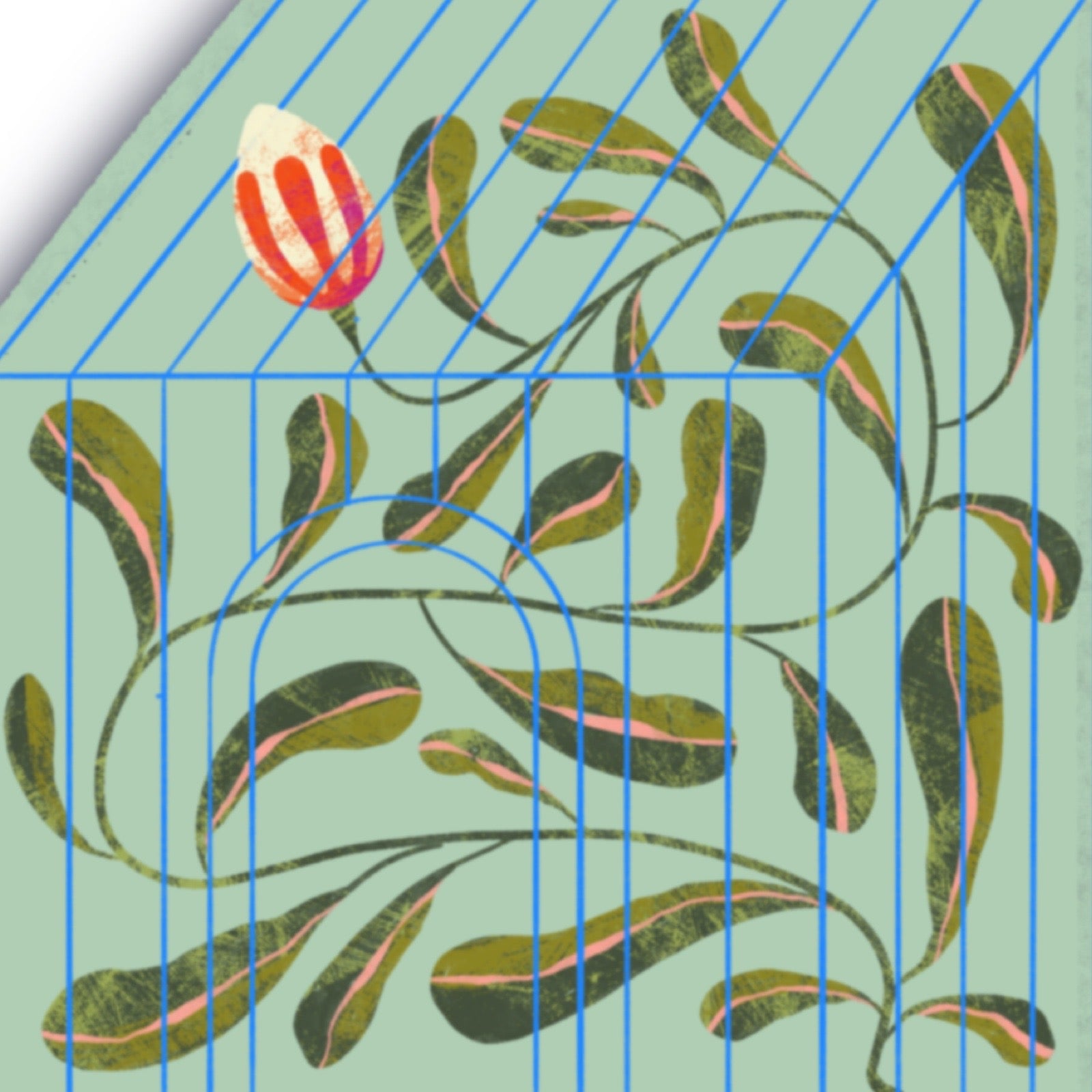Decorative floral sticker with a red and white flower on a green background.
