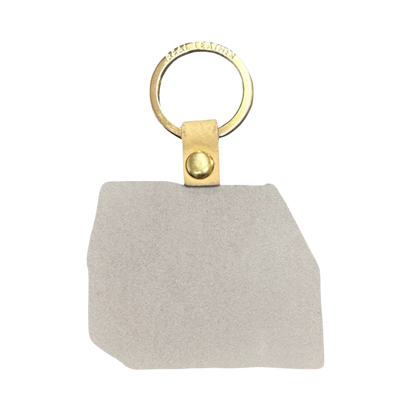 Back of greenhouse keyring with a gold ring on a white background.