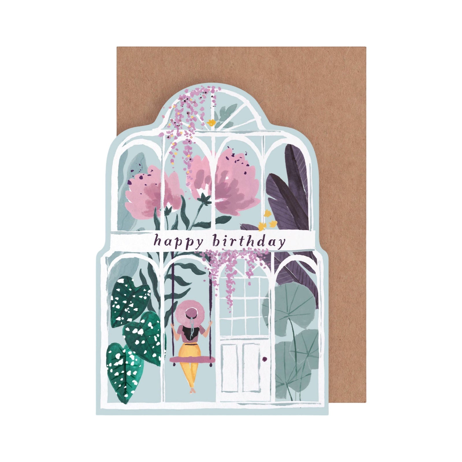 This greenhouse-shaped birthday card features a girl on a swing surrounded by giant peonies and green foliage inside the greenhouse with the text 'Happy Birthday'.