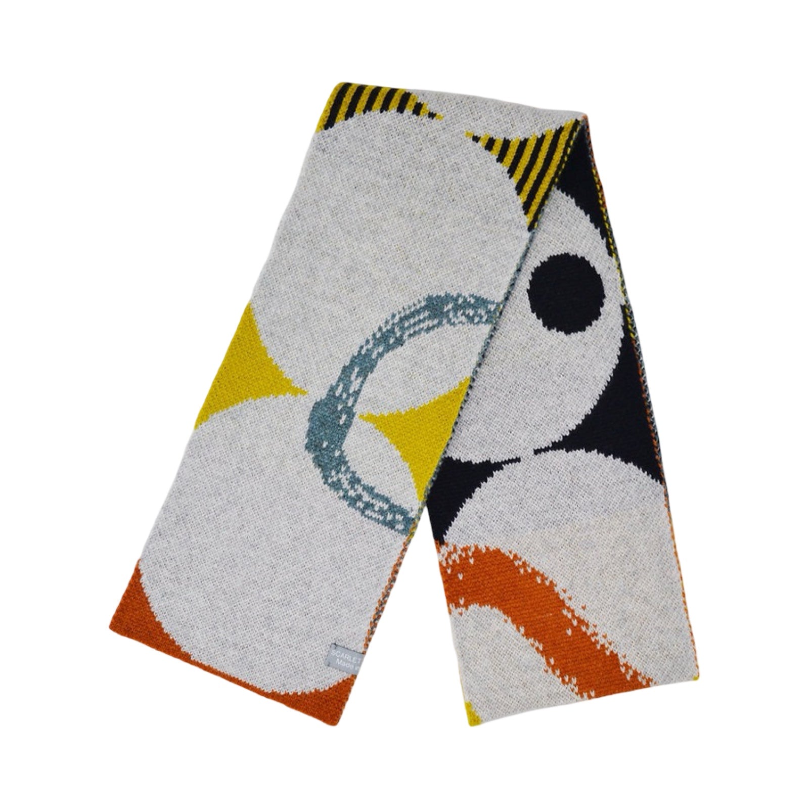 This grey, black, orange and yellow lambswool scarf is sure to add some colour to your outfit with its geometric-shaped designs. 