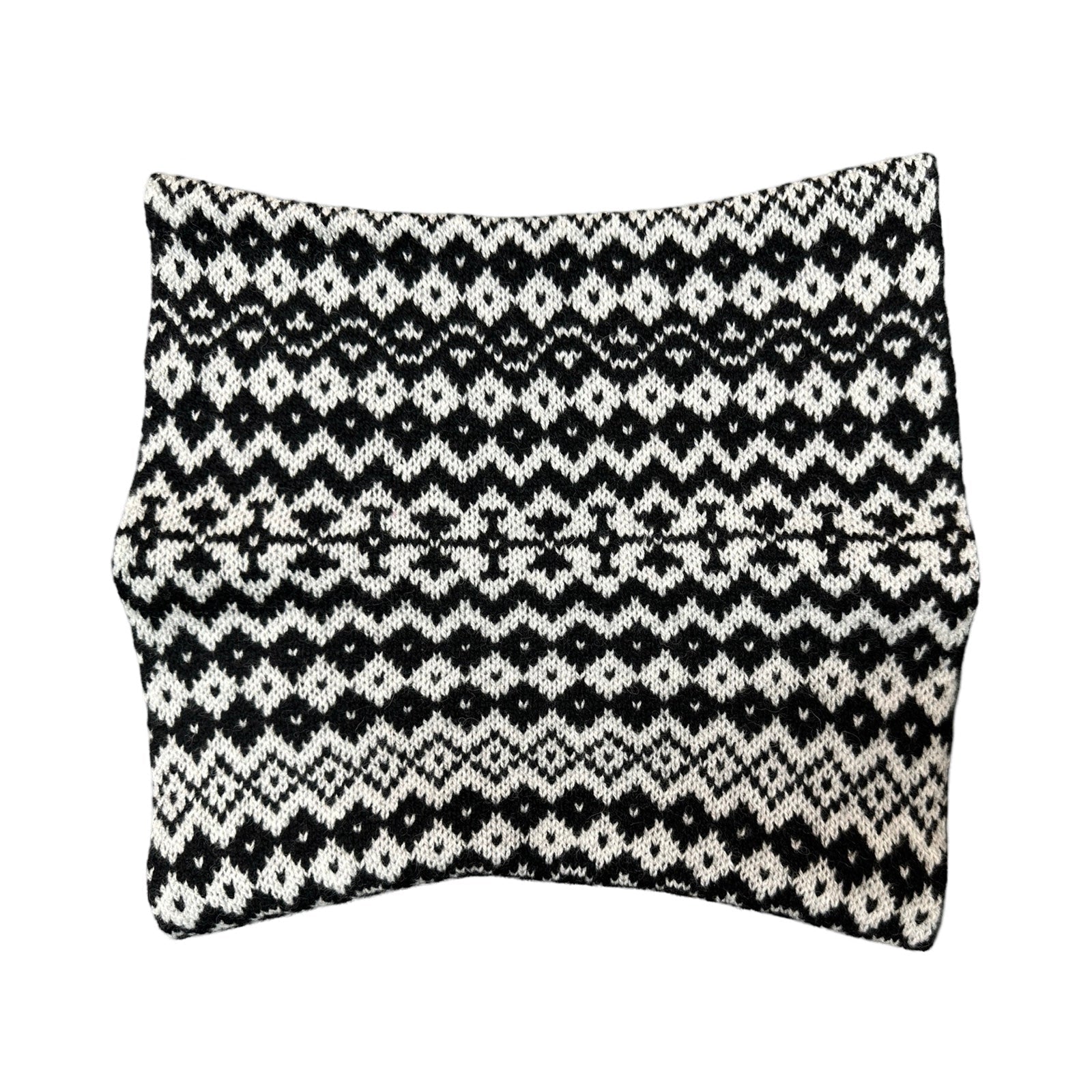 Super soft and cosy 100% lambswool knitted snood in a grey and black geometric stripes design.