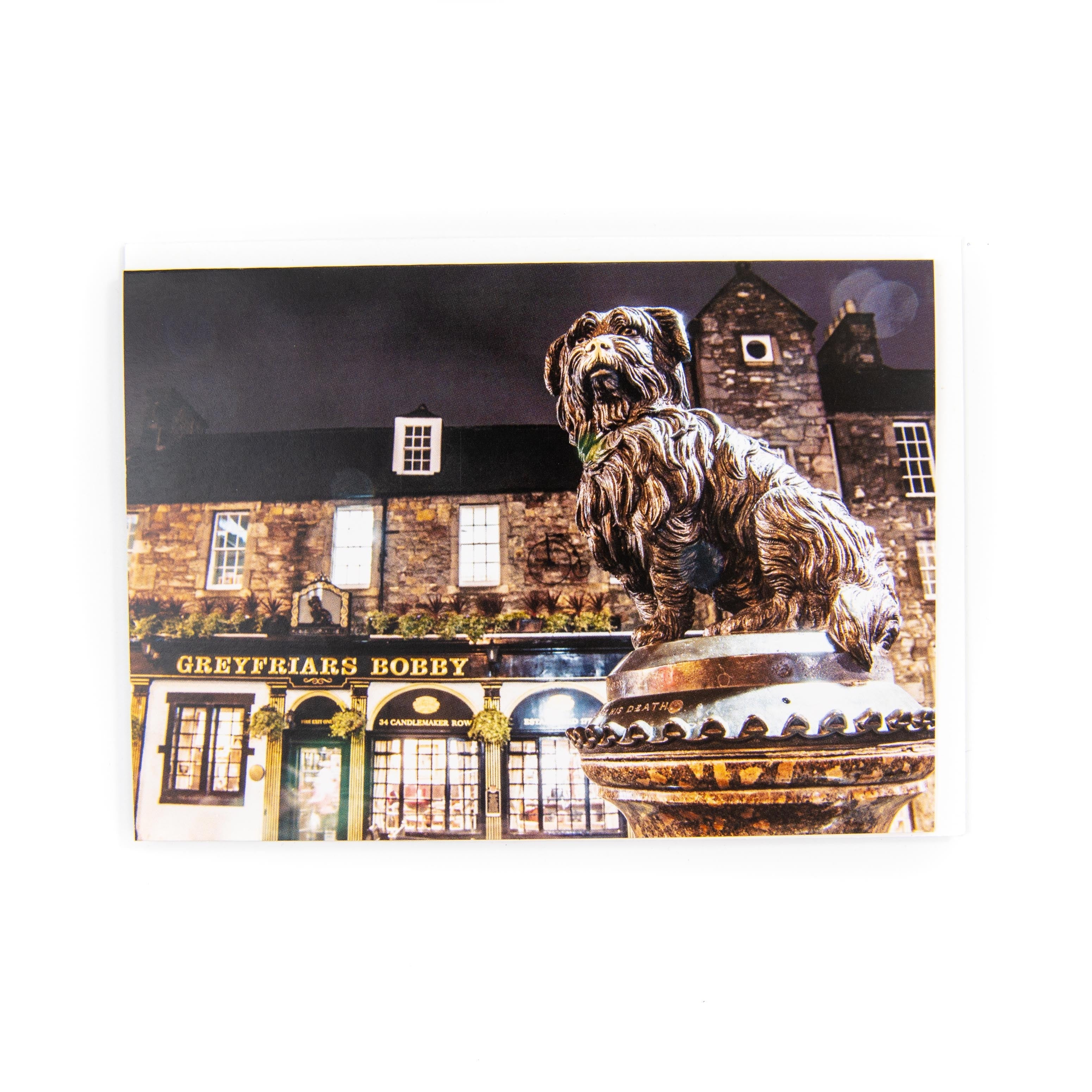 Greeting card featuring the Greyfriars Bobby statue in Edinburgh.