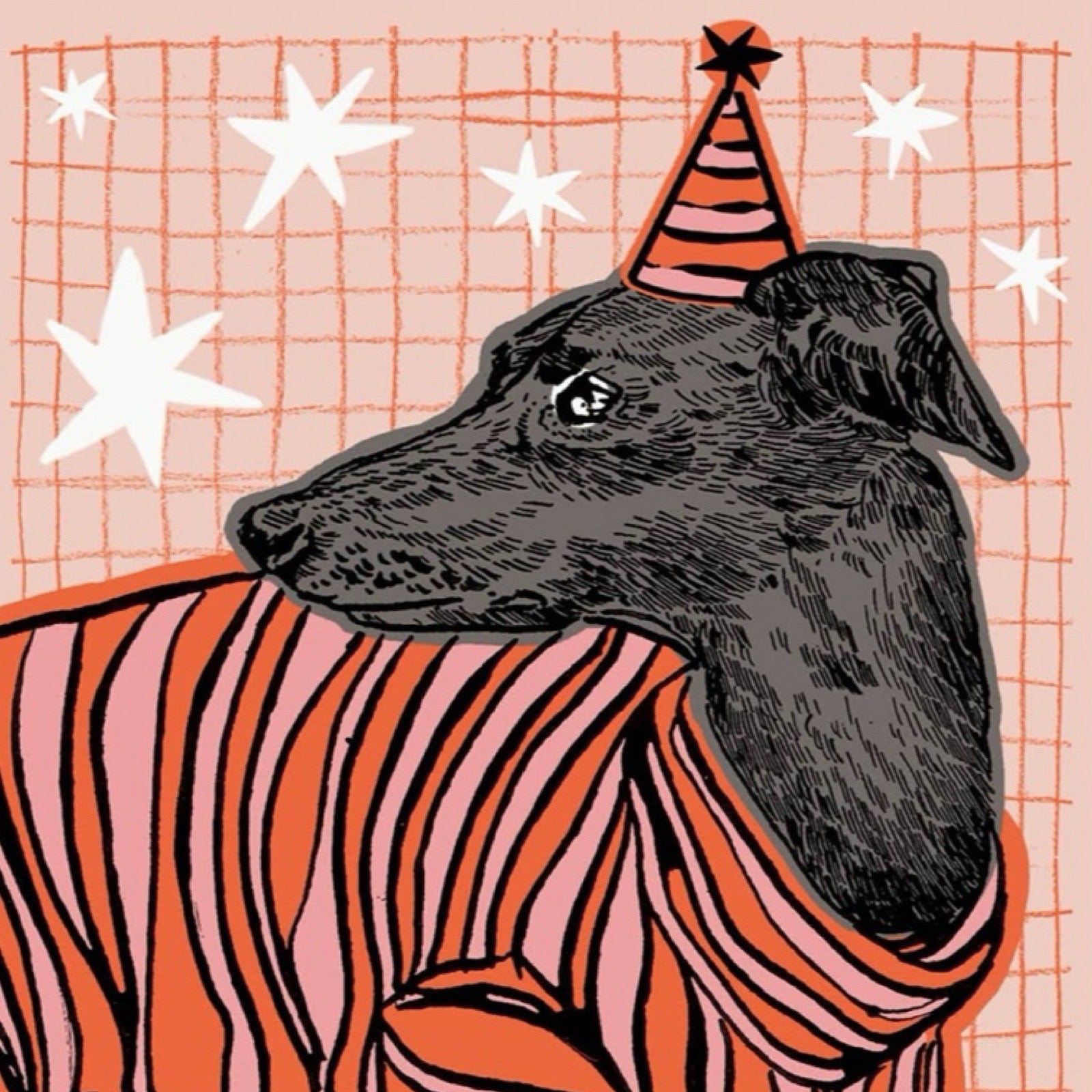 Birthday card featuring an illustration of a greyhound wearing an orange and red striped jumper and party hat
