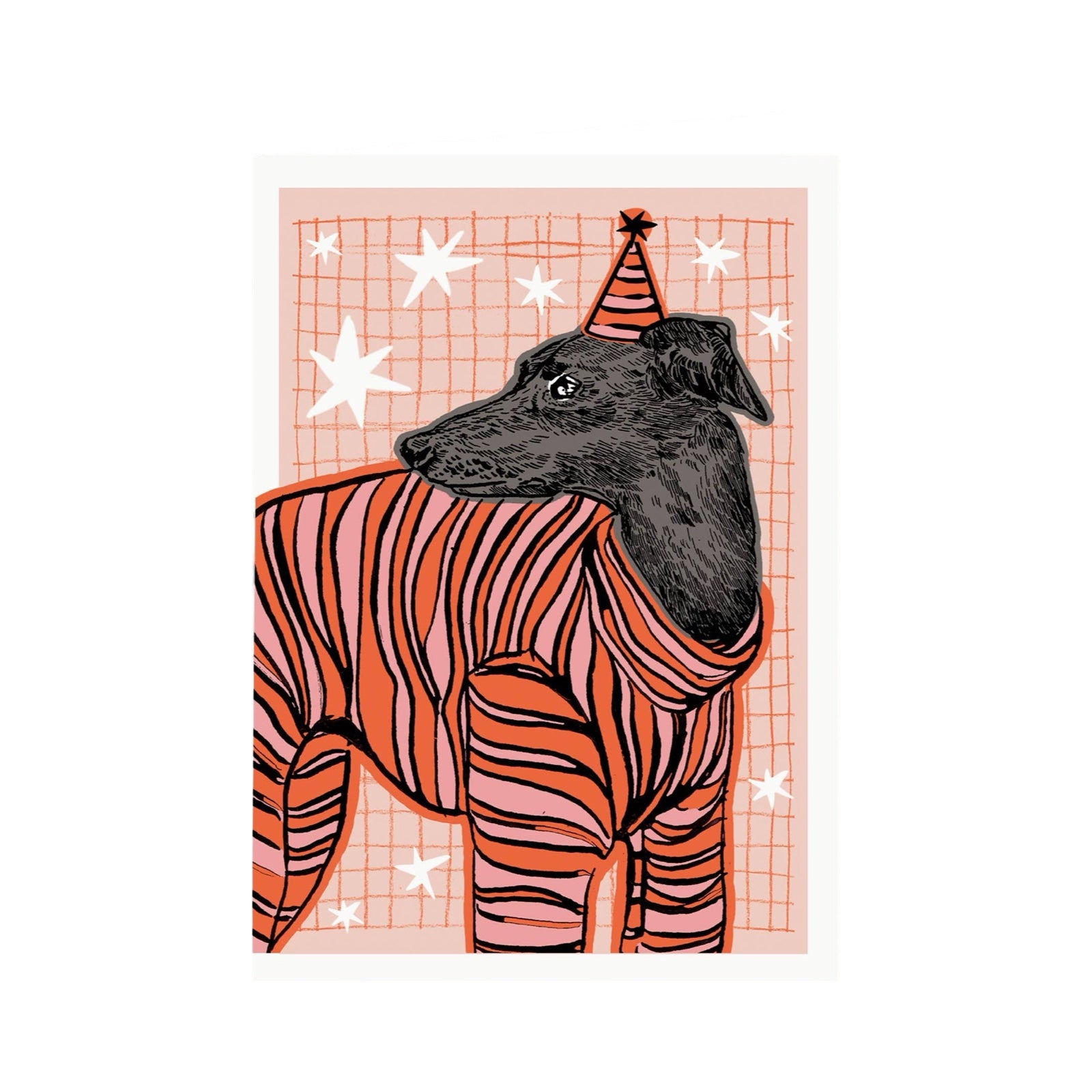 Birthday card featuring an illustration of a greyhound wearing an orange and red striped jumper and party hat