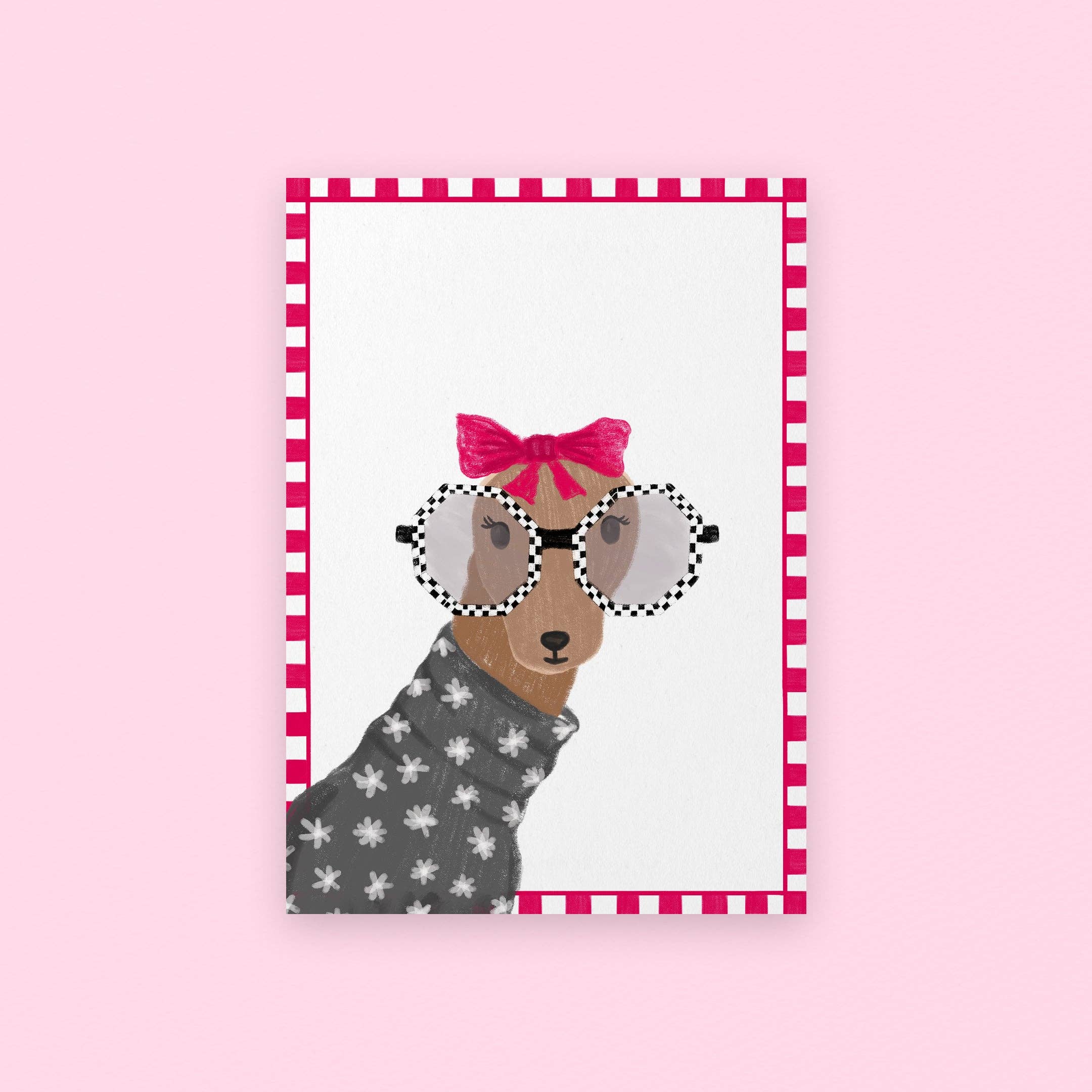 Illustration of a dog wearing glasses and a bow tie on a pink background with a white border.