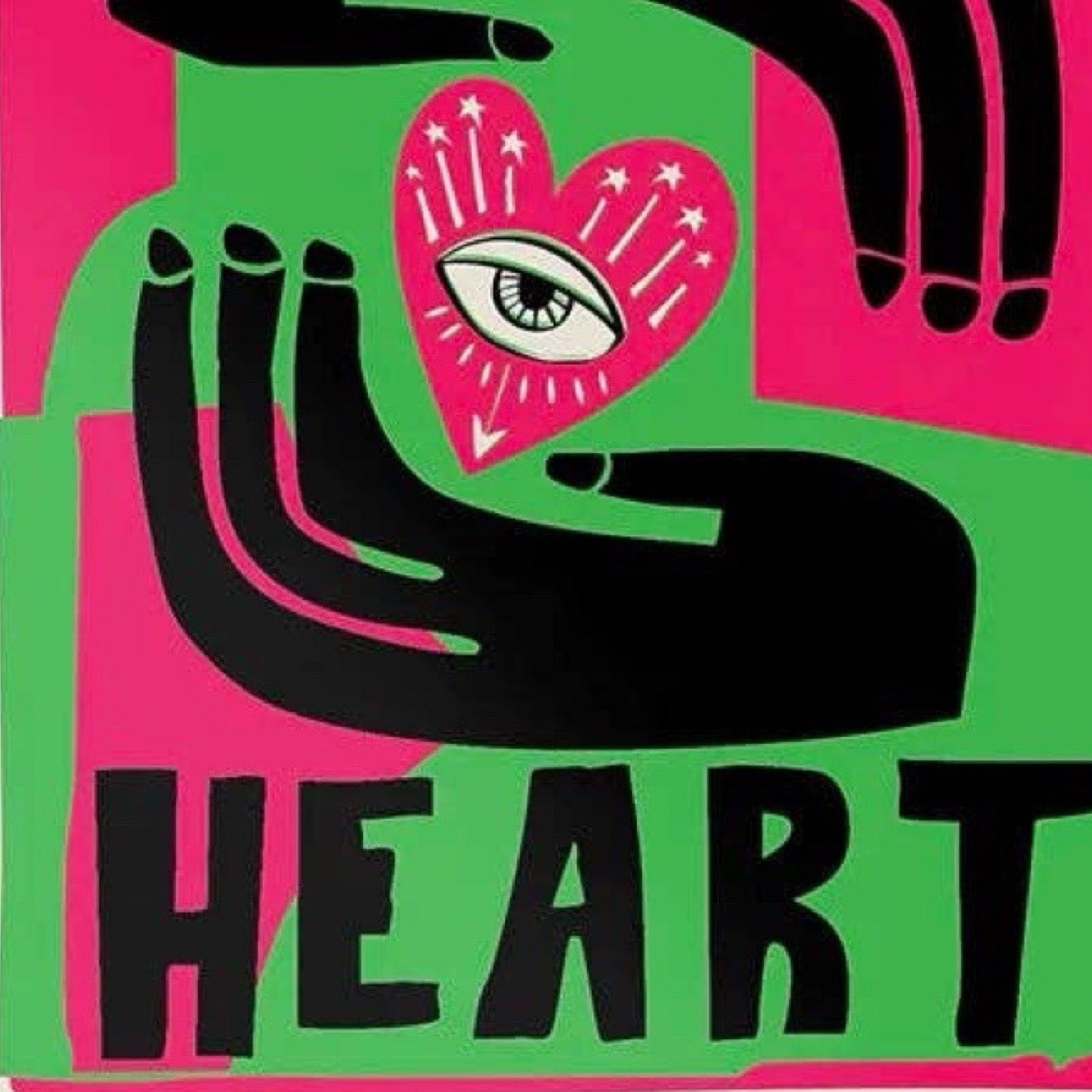 artwork with 'Heart' text and abstract hand and heart design on a pink and green background.