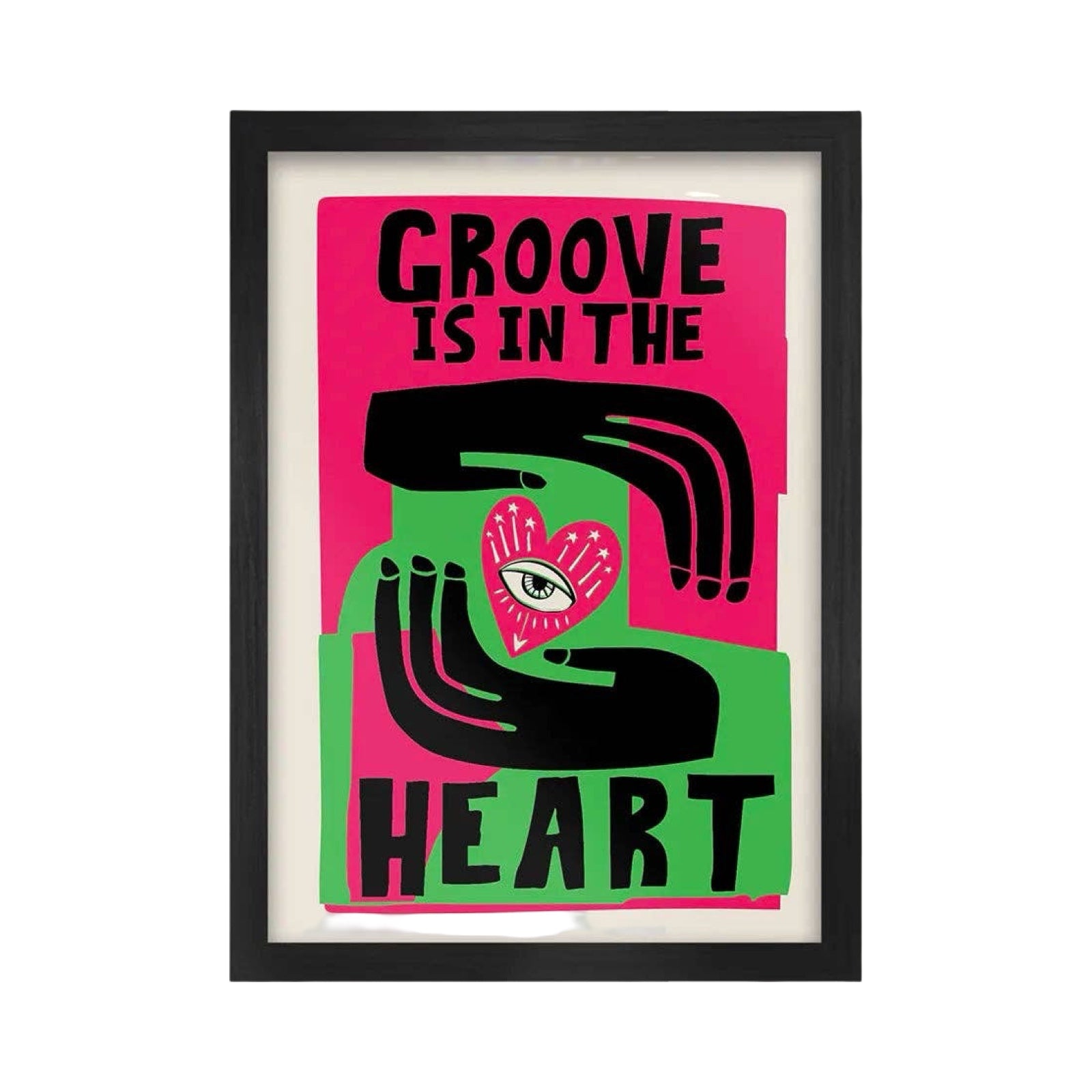 Framed artwork with 'Groove is in the Heart' text and abstract hand and heart design on a pink and green background.