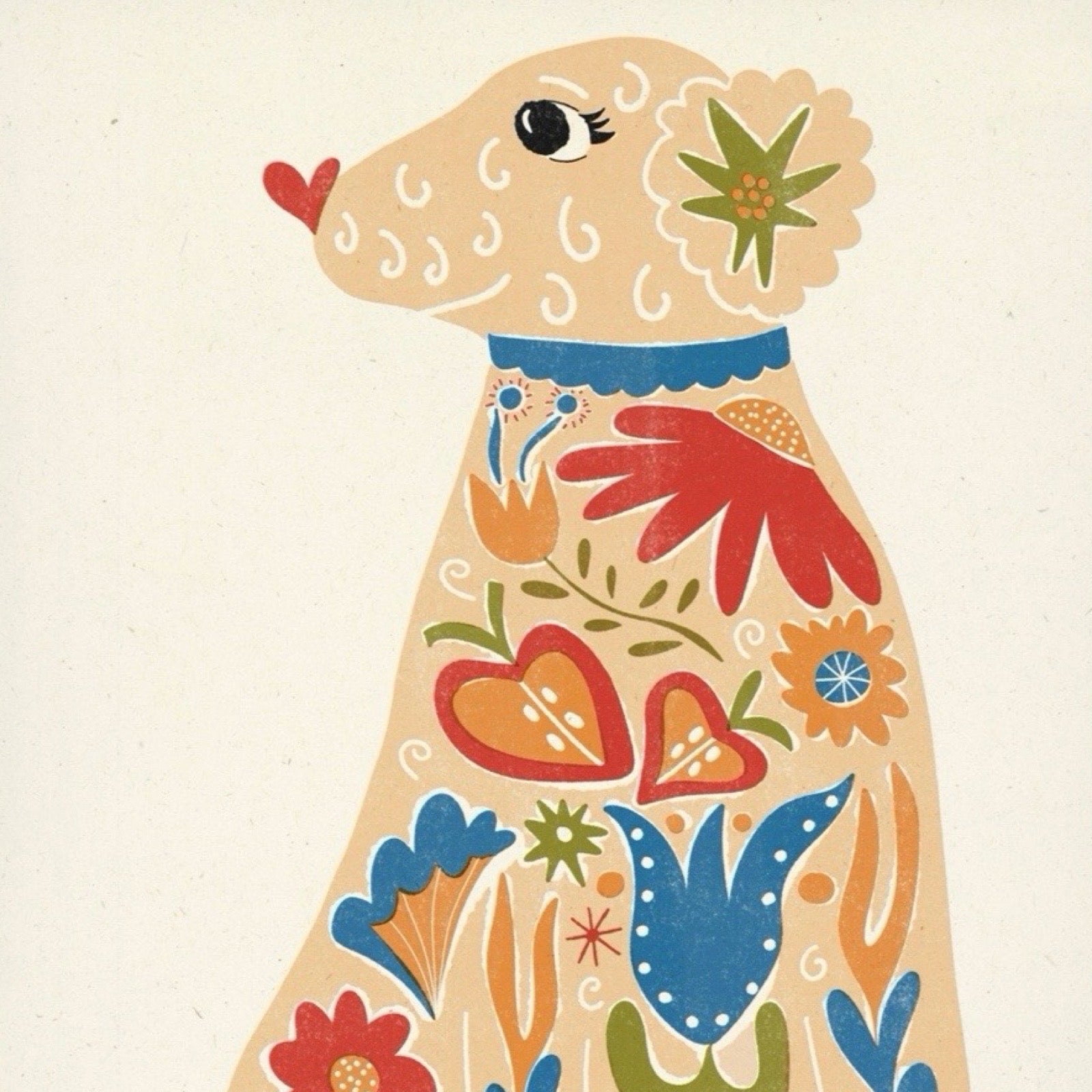 A folk-art illustration of a dog in profile on a cream background, decorated with colourful floral and geometric motifs in red, blue, green, orange, and white.